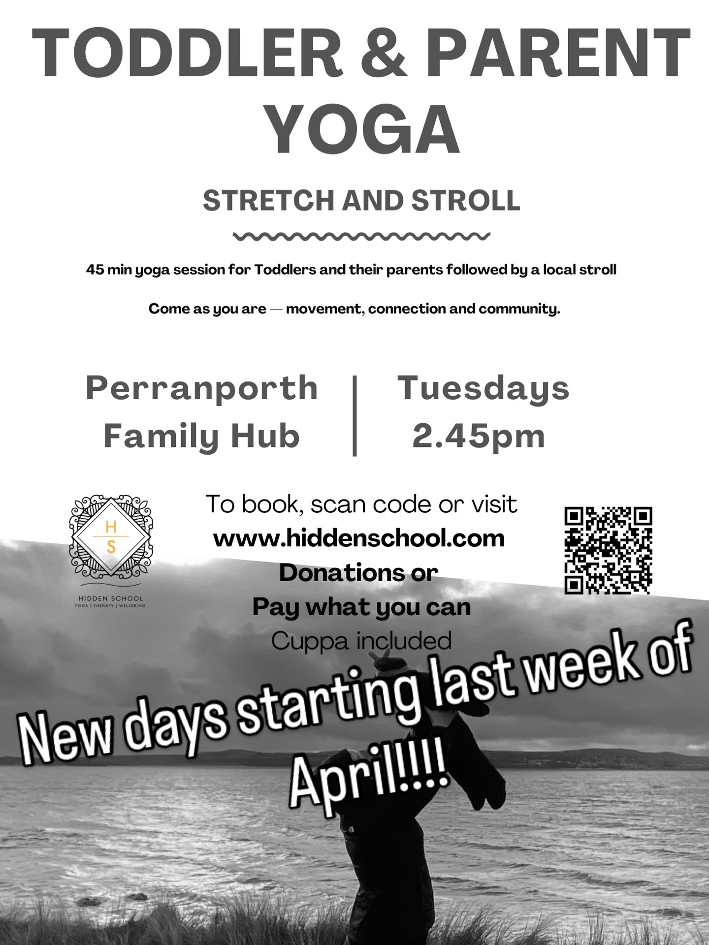 🌟 Toddler yoga has a new day!
Based on your feedback, we’ve moved — and our Toddler & Baby Yoga sessions are now on Tuesdays! 🎉
If you’ve got a little one aged 1–3, this one’s for you 🧡
🧒 Toddler & Baby Yoga
📅 Tuesdays at 2:45pm
📍 The Family Hub
✨ Starting 28th April
45 minutes of yoga where you and your toddler can come exactly as you are — followed by a cuppa ☕ and an optional walk and talk in the fresh air 🌿
Donation based & open to all — because every family deserves a space like this 💛
Spaces must be booked — link in bio!