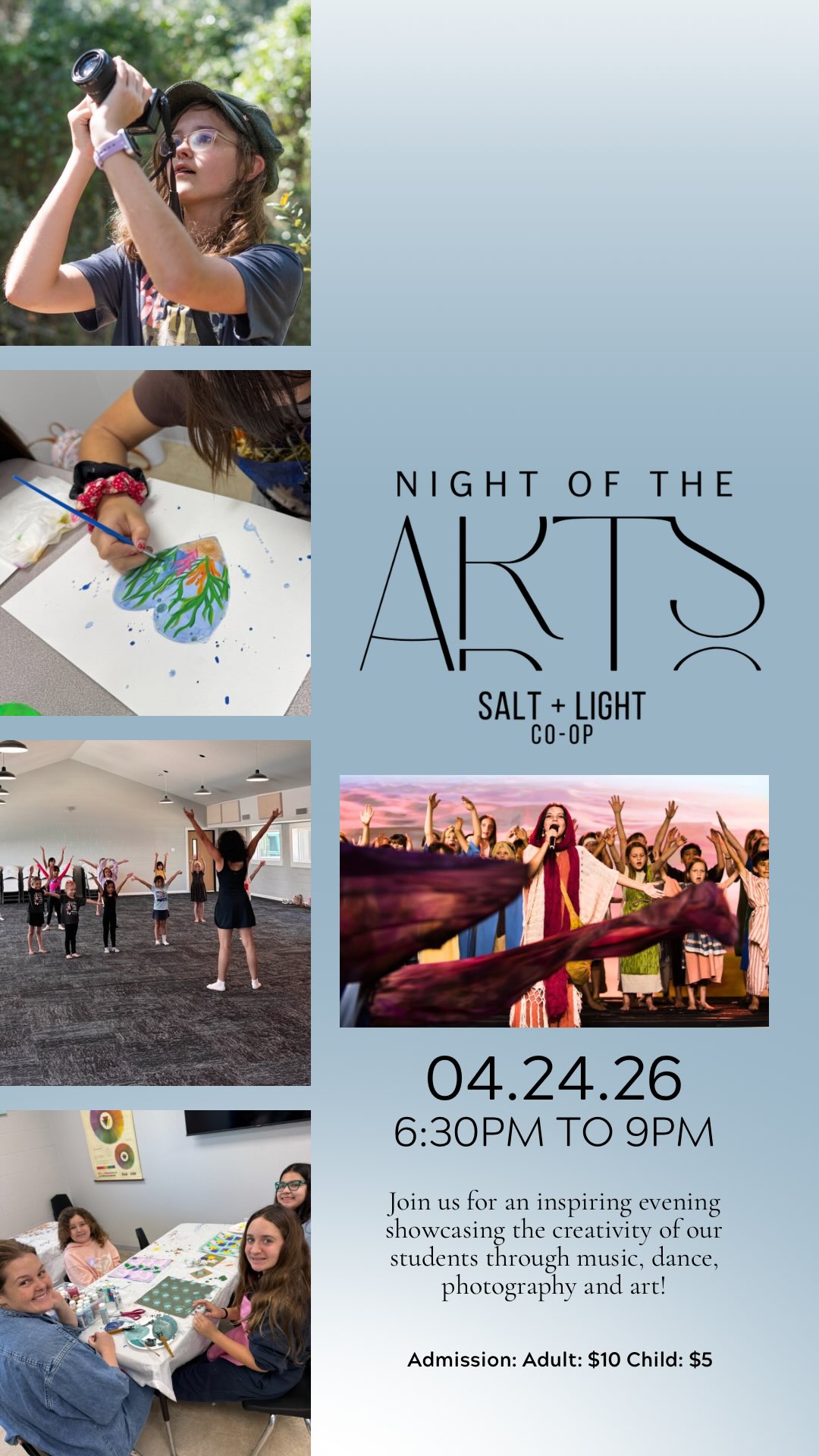You’re invited to our first NIGHT OF THE ARTS at Salt+Light Co-op. Join us on Friday, April 24th at 6:30pm for a night celebrating our creative arts.
Enjoy a musical production, an art show, photography showcase and a dance recital. This is going to be an exciting night honoring our students and all the hard work they have put in over this last semester.
✨ Friday, April 24th at 6:30pm
✨ Doors open at 6pm
✨ 10309 South Padre Island Dr.
✨ Admission is $10/adults & $5/children
PURCHASE YOUR TICKETS HERE:
https://www.zeffy.com/en-US/ticketing/salt-light-night-of-the-arts
Tickets may be purchased in advance or at the door. Art and photography prints will be available for purchase.
