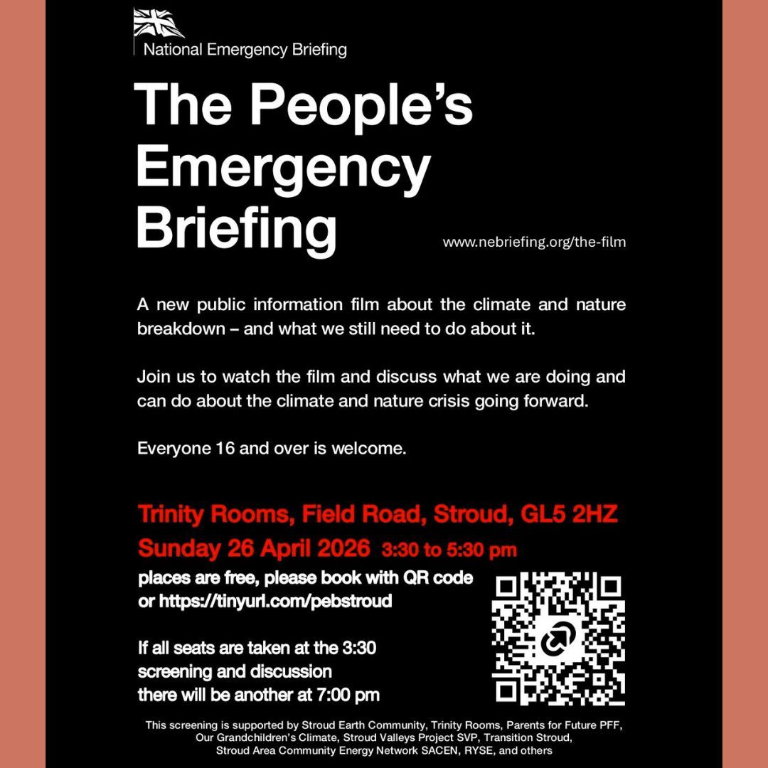 Join us on Sunday 26th April to watch the new public information film about the urgency of nature and climate breakdown.
The screening of this National Emergency Peoples Briefing is followed by engaging discussions as a community on what we are doing, and can do, about the climate and nature crisis going forward.
Two showings will be taking place at 3:30pm and then again at 7pm.
Free to attend but please book places via the link QR Code (on the image poster) or by visiting our website whats on page!
#Stroud #ClimateAction #Nature #FilmScreening #Documentary #Community #Events #Gloucestershire