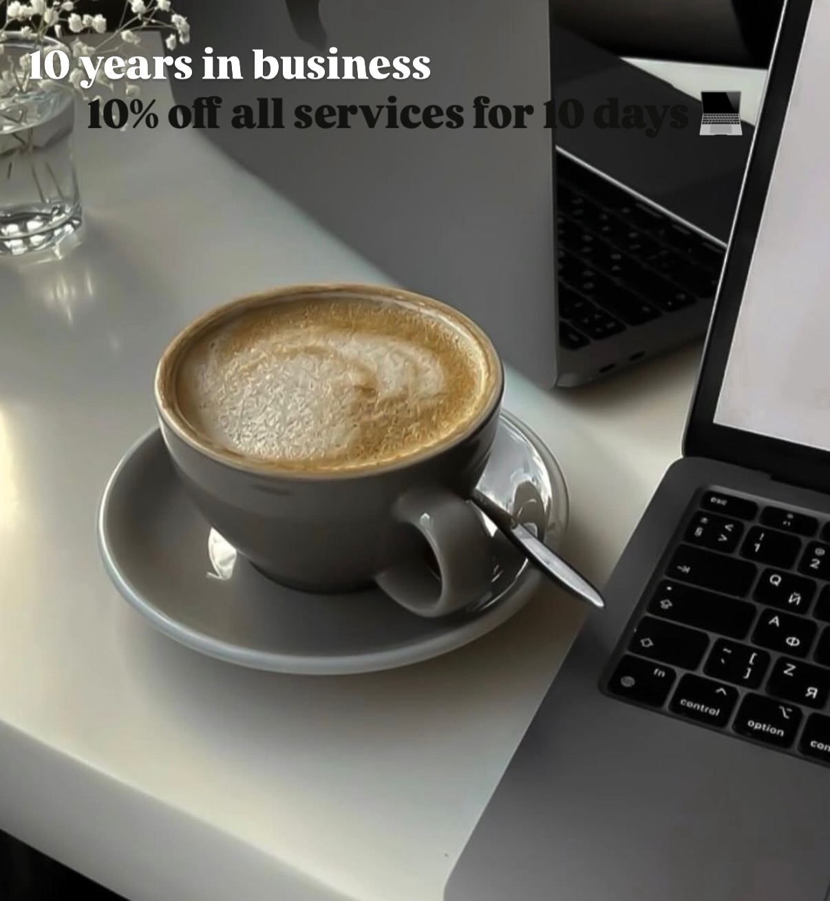10 years in business.
10% off all services for 10 days.
Marketing & Website Design.
Offer ends 20.04.
💻