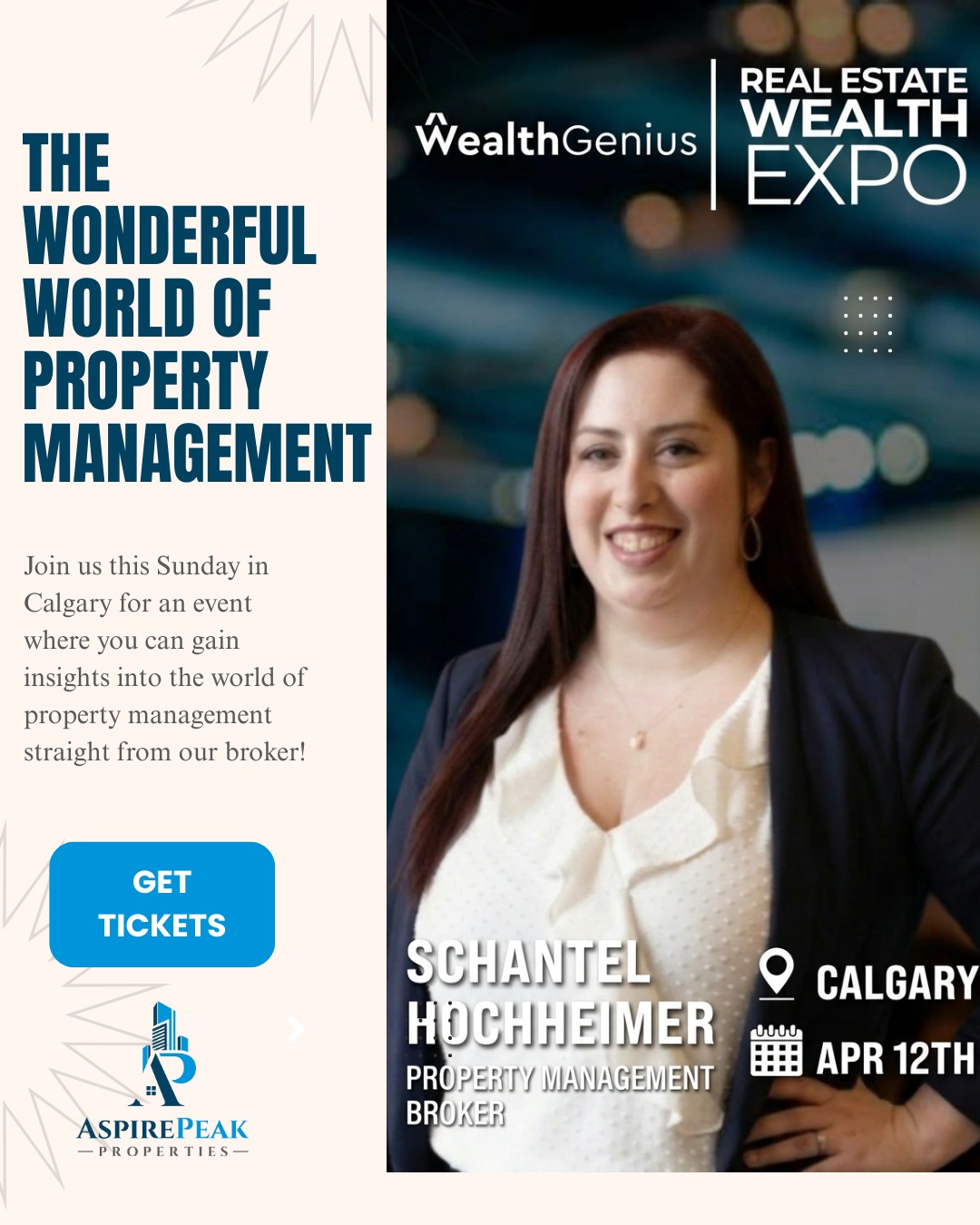 🎯 This Sunday, Schantel is speaking at the WealthGenius Real Estate Wealth Expo in Calgary!
Join us to learn about landlord tips, Alberta tenancy laws, current market trends, and what it really takes to hire the right property manager. Plus, some unforgettable tenant stories! 🏠
📍 9:00 AM – 5:00 PM
📍 2620 32 Ave NE, Calgary, AB
🎟️ Use code ASPIRE10 for your ticket - event link in comments.
Topics covered:
✓ RTA rules & compliance
✓ Pet-friendly trends & rental incentives
✓ Inspection requirements & tenant screening
✓ Real tenant stories from the field
See you there! 👋PROMO CODE: ASPIRE10 and event tickets here: https://www.eventbrite.ca/e/real-estate-wealth-expo-calgary-ab-041226-tickets-1984404032881?aff=tlnsh003
#WealthGeniusExpo #PropertyManagement #RealEstateInvestor #CalgaryRealEstate #AspirePeakProperties