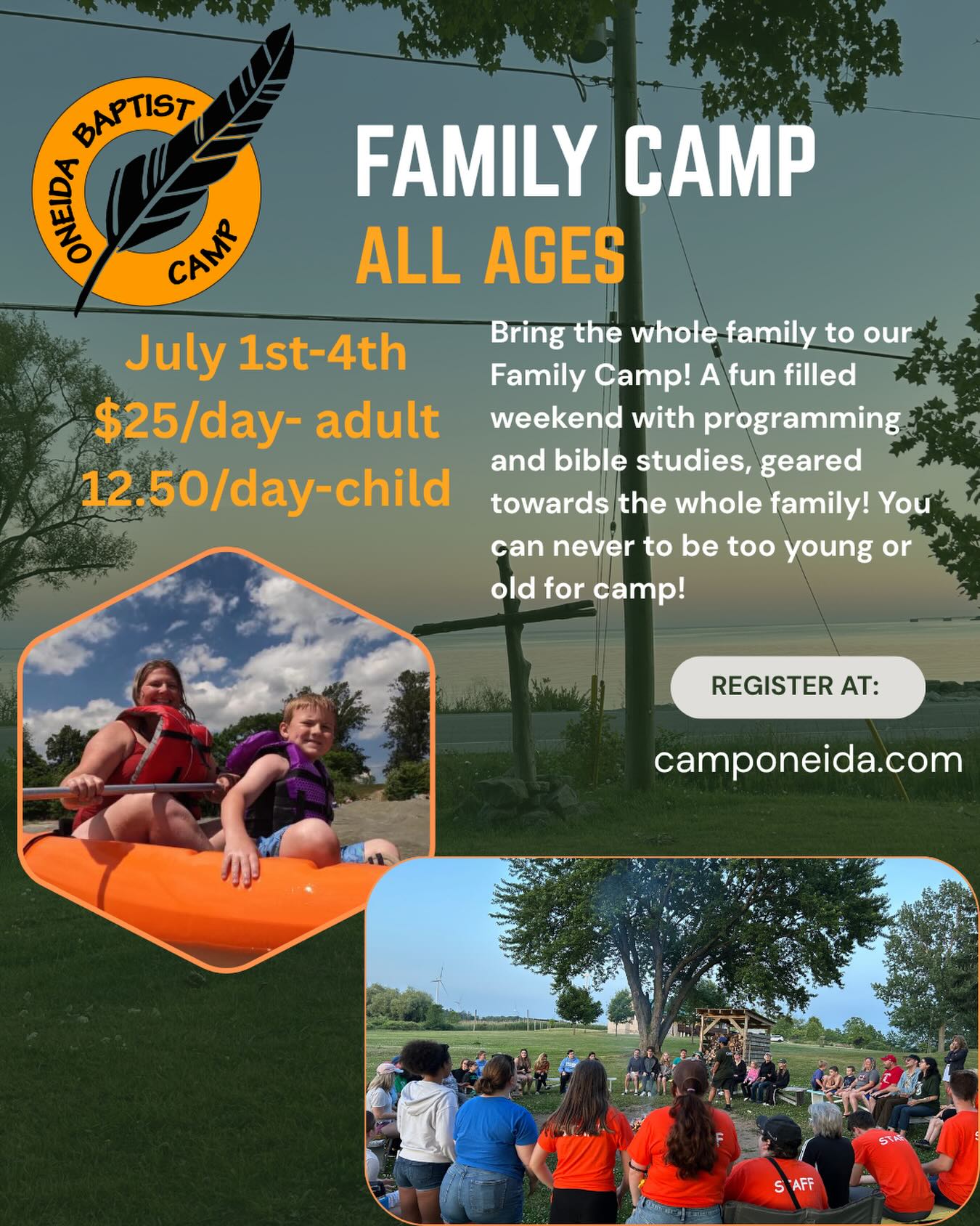 There is never an age limit on camp! Gather the whole family, come and enjoy some activities together! We are excited to have you! 🏕️✝️
Sign up for Family camp today!
https://www.camponeida.com/