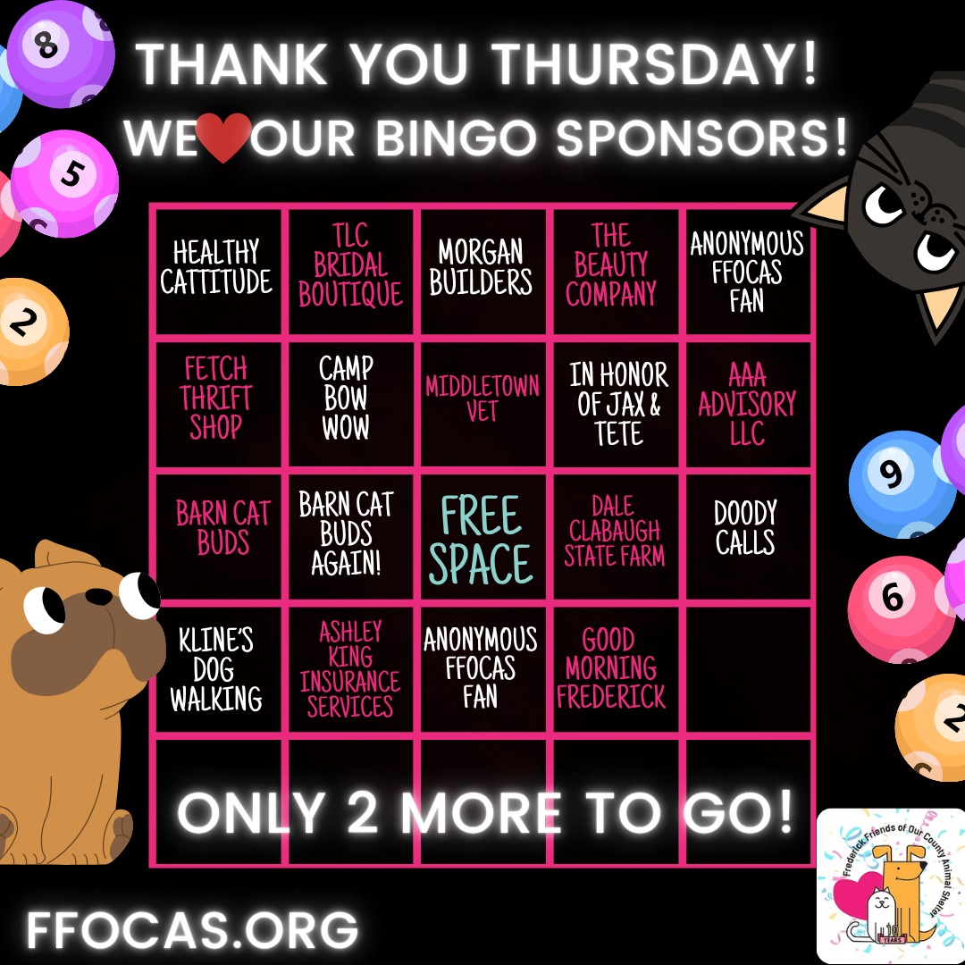 It's Bingo time for our local homeless pets at @fredcoanimalshelter!
On April 19th, we are giving away $200 per Bingo game again this year, and so we need sponsors for each game in exchange for advertising on social media and at Bingo to help us give away this awesome prize 20 times without having to dip into our money for homeless pets! We are so grateful to already have these 18 sponsors! We just need TWO more to make it happen!
Would you like to sponsor or know a sponsor?
E-mail our Volunteer Events Coordinator at dmfoland@aol.com!
Can't sponsor but want to come play? Get your tickets here!
https://FFOCASBINGO2026.eventbrite.com
Hate EventBrite fees? Get your tickets at @tlcbridal this Saturday from 11:00-4:00 for $35!
Thank YOU!
#bingo #helpus #charitybingo #getyourtickets #bingotickets #homelesspets #frederickmdbingo #bingolovers #bingofans #petlovers #raffles #sponsorus #sponsorsneeded
@fetchthriftshop @doodycallsfrederick @thebeautycompanysalonspa @campbowwowfrederickmd @klinesdogwalking @barncatbuds @middletownvetclinic @goodmorningfrederick
https://www.statefarm.com/.../dale-clabaugh-6z5xw1ys000
https://ashleykinginsuranceservices.com/