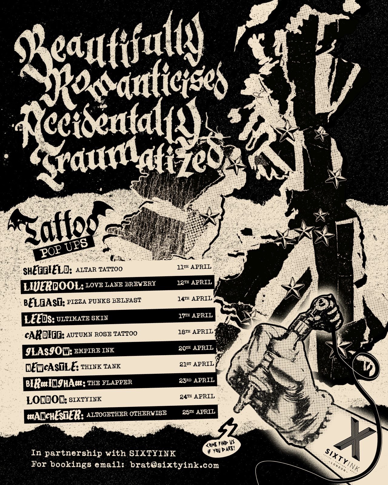 💥 Official @yungblud X @b.r.a.t X @sixtyink Tattoo Pop-Up Tour 💥
The official yungblud x brat x sixty ink tattoo pop up is here. We are stoked to share the experience with you a day made for fans inclusive and exclusive
To reserve your tattoo please contact
brat@sixtyink.com
Every design in this collection is officially created for these pop ups and only available as part of this event.
🚨 Important: these designs are exclusive to the official pop ups and are not to be copied or used anywhere else outside this event.
Want more than one tattoo? Book more than one slot.
Info visit our website - www.sixtyink.com
From 11am to 6pm - Locations
11/04 📍 Sheffield @templeof.fun
12/04 📍 Liverpool @lovelanebrewery
14/04 📍 Belfast @pizzapunksofficial
17/04 📍 Leeds @ultimate_skin
18/04 📍 Cardiff @autumnrosetattoo
20/04 📍 Glasgow @empire.ink.studios
21/04 📍 Newcastle @thinktankncl
23/04 📍 Birmingham @theflapper
24/04 📍 London @sixtyink
25/04 📍 Manchester @altogetherotherwise
If pre booked appointments sell out, don’t panic.
We’ll also have walk in availability on the day with selected artists, offered on a first come, first served basis.
So if you missed out online, still come down early and try your luck.
@yungbludhq
#yungblud #yungbludtattoo #yungbludpopup #sixtyink #brat