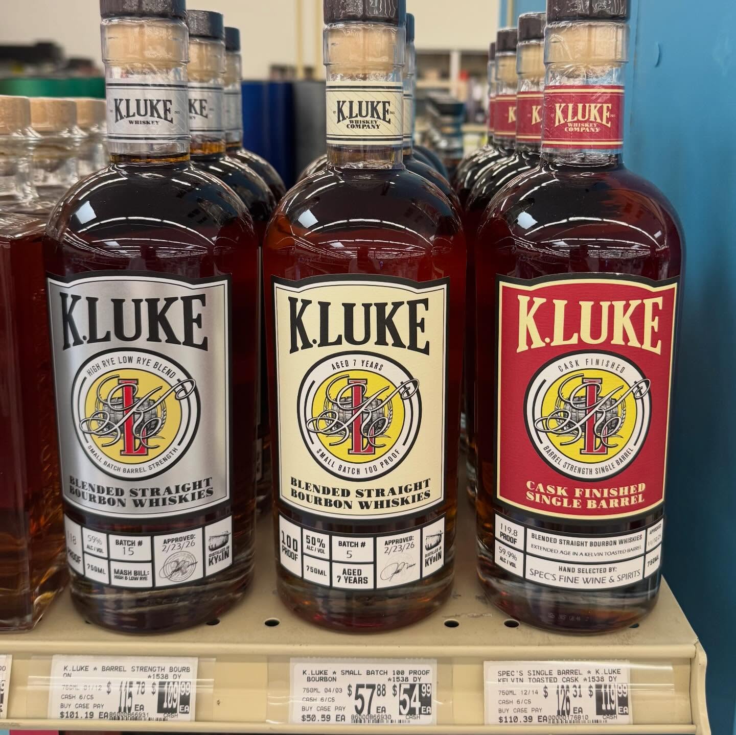 The newest K.LUKE Whiskey Company Small Batch Offerings are now on the shelf @specs1962 locations throughout Texas! Cheers🥃
Batch 5 Small Batch 100 Proof Bourbon
• 8 Barrel Blend Bottled 2/23/2026
• Bourbon in this Blend Aged 7 Years+
• Bottled Non-Chill Filtered at 100 Proof
• Total Yield 1,665 Bottles
Batch 15 Barrel Strength Bourbon
• 10 Barrel Blend Bottled 2/23/2026
• Bourbon in this Blend Aged 8-12 Years
• Bottled Non-Chill Filtered, Barrel Strength 118 Proof
• Total Yield 1,703 Bottles
#TheSpiritOfBlending