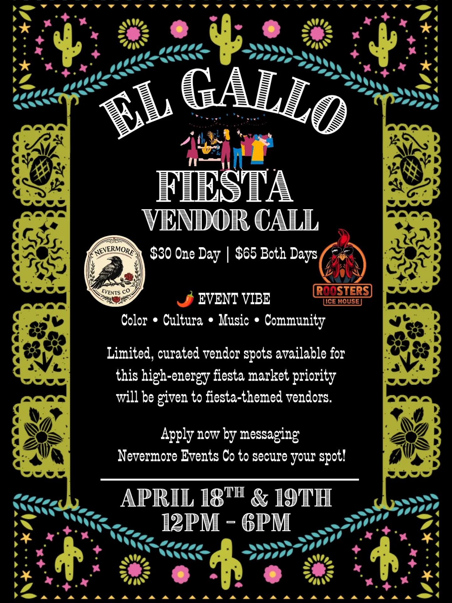 🌶️ CALLING ALL FOOD & FIESTA VENDORS 🌶️
El Gallo Fiesta is bringing the flavor, the music, and the cultura to Roosters Ice House—and we’re looking for vendors who can MATCH that energy 💃🏽🔥
If you serve bold bites, sweet treats, aguas frescas, street food, or anything that screams FIESTA… this is your crowd.
✨ High-energy market
✨ Strong community turnout
✨ Fiesta-themed vendors get priority
Spots are limited and curated—don’t wait on this one.
📲 Message Nevermore Events Co to lock in your space!
#SanAntonioVendors #FiestaMarket #FoodVendorCall #FiestaVibes #TexasMarkets