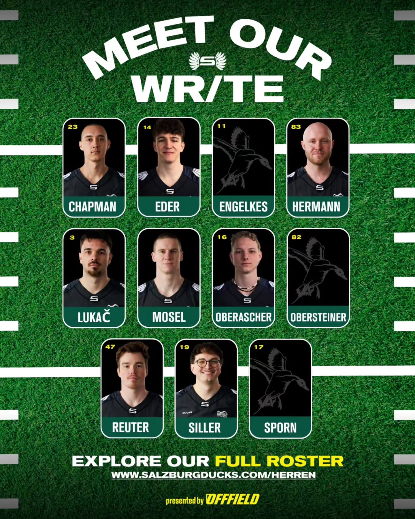 Ready for Takeoff? ✈️🔥
Egal ob Deep Downfield oder Short Yardage - auf diese Unit ist Verlass. Unsere #Airforce hat im Training hart gearbeitet, um jeden Ball aus der Luft zu pflücken.
Wer fängt diese Saison die meisten Bälle, wer erzielt die meisten Touchdowns? Jeder Einzelne ist bereit für Big Plays! 🏈🦆
#SalzburgDucks