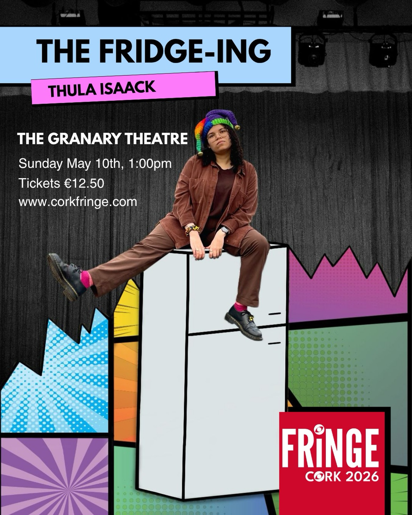 How do you cast your love interest when she never auditioned for the role?
Thula finds herself struggling to reconcile her queer identity with her stage persona. To be black, gay, and a woman is nothing more than a Pitch Perfect joke. At least it is to her; everyone else in Thula’s life has seemingly long since adjusted to the fact that nobody is simply a character in a story. But for Thula, if she is already playing the punchline, who says she can’t play the good guy instead?
THE FRIDGE-ING asks, what is love in times of performance?
📍The Granary Theatre, UCC
📆 Sunday May 10th, 1:00pm
🎟️ Tickets €12.50 at www.corkfringe.com
Cast & Crew:
Thula Isaack: Writer/Performer
Louise Tormey: Performer
Daniel Madden: Director & Voice Actor
Séan D. Walsh: Voice Actor
Julka Taylor: Producer
Keeli Guilfoyle: Stage Manager/Lighting Designer
Anna Issajeva: Sound Operator
Giorgia Ionescu: Stage Technician
Gráinne Stembridge: Sound Designer
