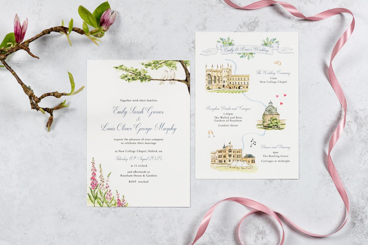 As a wedding stationery designer, I work closely with many couples who have a clear idea of what they want, as well as those who prefer to leave the artist elements up to me.
Either way, your wedding stationery journey always begins with an initial call, so we can chat through your ideas, get to know each other a little better and I can explain the process involved.
If you're interested in learning more, please don't hesitate to reach out.