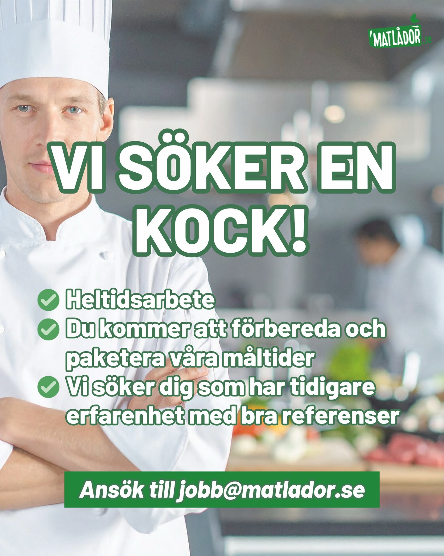 🍽️ VI SÖKER EN KOCK 👨🍳👩🍳
Vi växer och letar efter en kock som vill vara med och laga riktigt bra mat tillsammans med oss 🥳
Om jobbet:
✔️ Heltid
✔️ Start omgående
✔️ Förbereda och laga våra rätter
✔️ Portionera och paketera matlådor
✔️ Hålla köket rent och organiserat
✔️ Jobba i ett bra tempo
Vi söker dig som:
✔️ Har erfarenhet som kock
✔️ Har bra referenser
✔️ Är noggrann och pålitlig
✔️ Trivs i köket och gillar att laga mat
✔️ Tar ansvar och gör din grej
📩 Ansök idag till: jobb@matlador.se
-
#kock #kockjobb #köksjobb