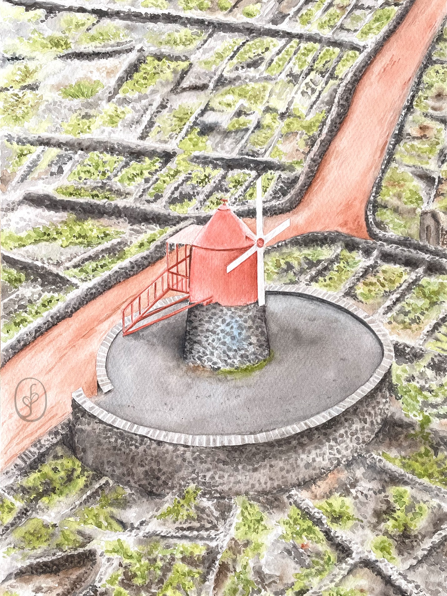 Moinho do Frade #azores #ilhadopico
Here I wanted to capture the vastness of these vineyards with their utilitarian rural architecture and the poetic beauty of the contrasting colors. A memory from my 2022 trip to Pico Island, now immortalized on paper.
Beyond their ancestral function, the windmills on Pico Island are a landmark in the landscape, standing out for the strength of their colors, in the dense and dark tones of the basaltic slabs and enclosures that protect the vineyards from the sea winds, in an astonishing network of stone walls. This is Moinho do Frade, the prime viewpoint of Lajido da Criação Velha, considered a Built Heritage site within the Protected Landscape Area of Vine Culture.
ꕤ
Aqui, quis capturar a imensidão das Vinhas da Criação Velha, com sua arquitetura rural utilitária e a beleza poética do contraste de cores. Uma memória da minha viagem à Ilha do Pico em 2022, agora eternizada em papel.
Para além da sua ancestral função, os moinhos no Pico são um marco na paisagem, destacando-se pela força das suas cores, nos tons densos e escuros dos lajidos e currais basálticos que protegem as vinhas dos ventos marítimos, numa espantosa rede de muros de pedra. Este é o Moinho do Frade, miradouro de excelência do Lajido da Criação Velha, considerado um Património Edificado em plena Área de Paisagem Protegida da Cultura da Vinha.