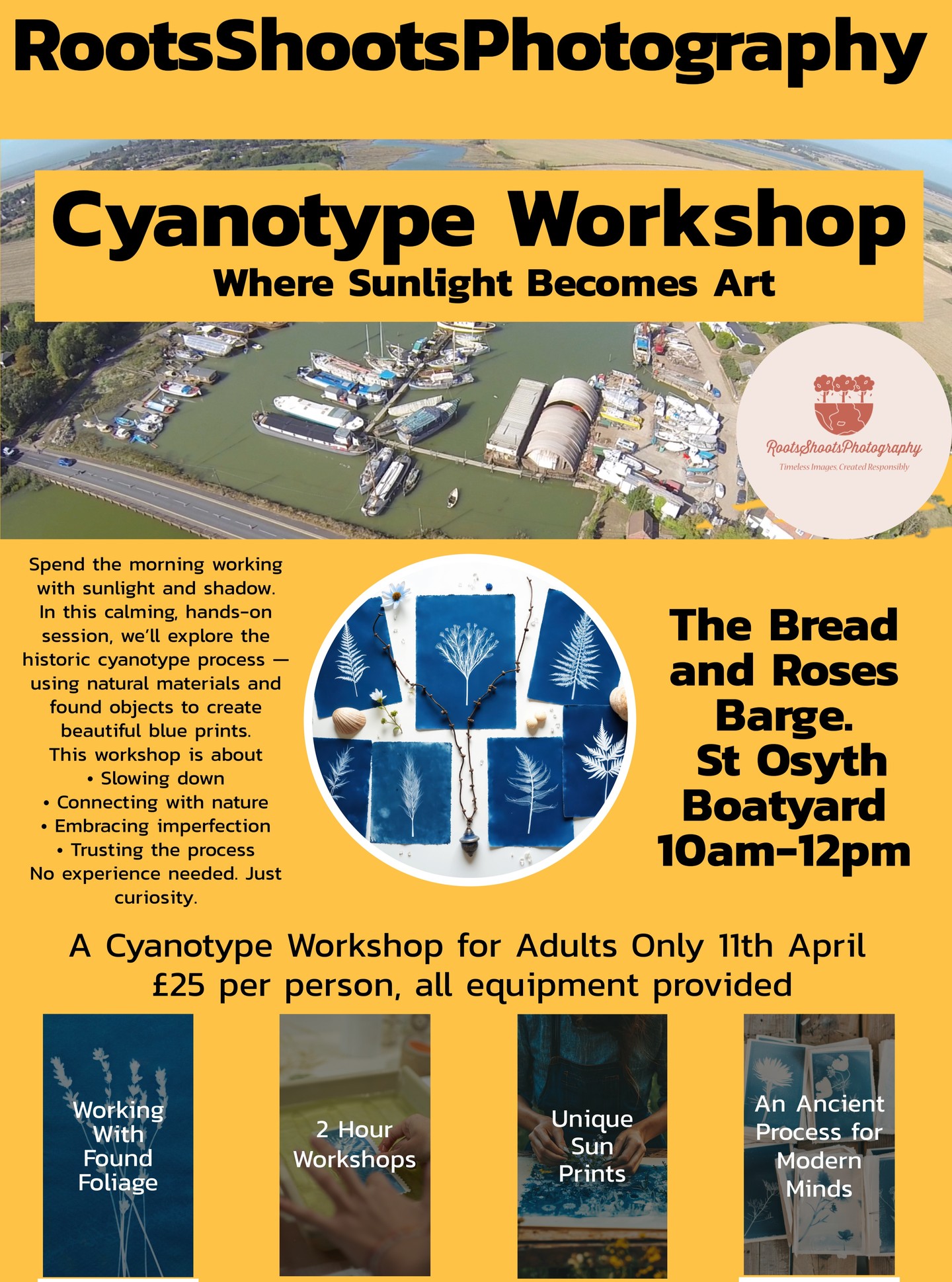 💙 Cyanotype Workshop by the Water 💙
Join us for a beautiful, slow-paced morning of creativity at the stunning The Bread and Roses Barge
🗓 11th April
⏰ 10am – 12pm
We’ll begin with a gentle, mindful approach to photography and nature — gathering foliage, exploring light, and embracing the art of slowing down… before transforming our findings into stunning cyanotype prints 🌿✨
Expect rich blues, hands-on creativity, and a chance to connect with both nature and your artistic side in a truly unique setting by the water.
No experience needed — just bring your curiosity 💙
🎟 Spaces are limited — Book your spot at www.thebreadandrosesbarge.com/event-list
#Cyanotype #CreativeWorkshop #SlowPhotography #StOsyth #ArtWorkshop #NatureInspired #PhotographyWorkshop #EssexEvents #MindfulMakin