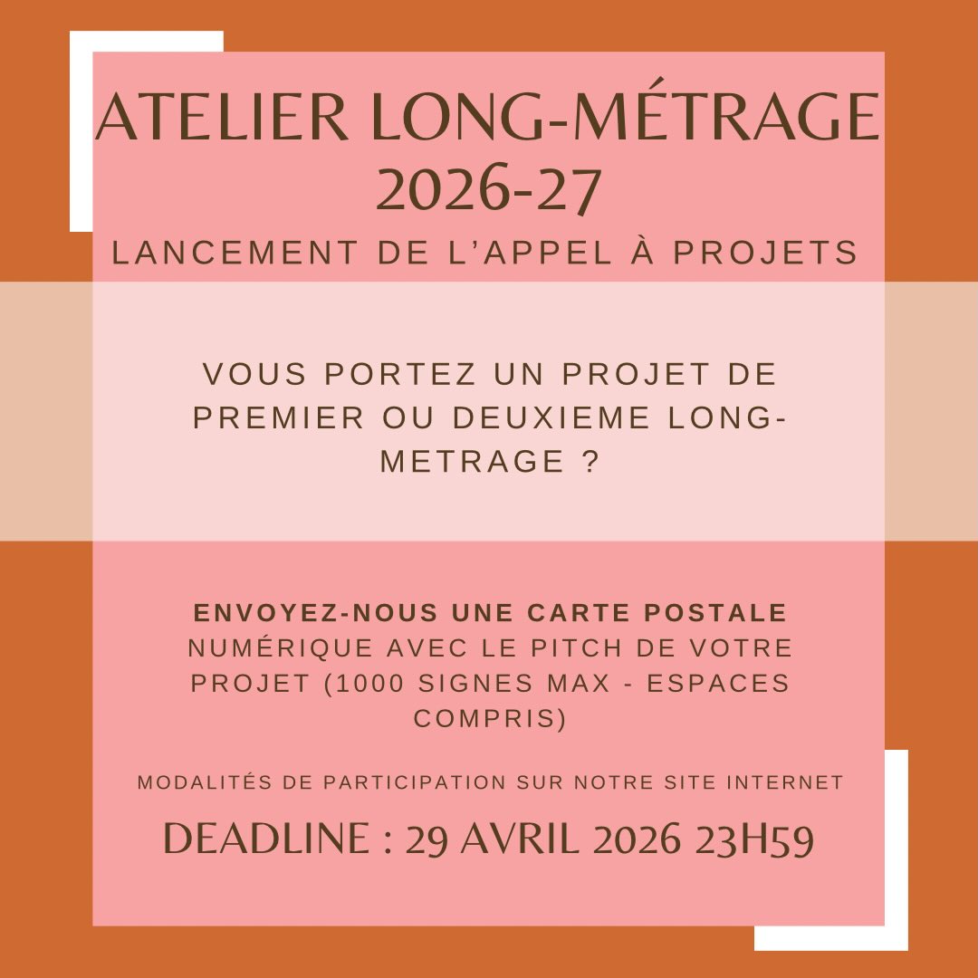 C’est au tour de l’Atelier Long-métrage d’ouvrir son appel à projets pour l’édition 2026-27✨
Vous écrivez un projet de premier ou deuxième long-métrage ?
Notre atelier accompagne chaque année six projets de longs métrages de fiction et/ou d’animation tous genres confondus. L’atelier se déroule sur trois sessions d’une semaine entre juillet 2026 et janvier 2027. A l’issue de la résidence une séance de pitch est organisée.
Depuis 2025, une bourse d’écriture du CNC est attribuée aux lauréat·es de nos ateliers.
Comment candidater ? La sélection se déroule en trois étapes et commence par une phase de sélection sur « carte postale » numérique. Il s’agit d’un pitch de 1000 signes max espaces compris, qu’il faut déposer via un formulaire en ligne (accessible sur notre site internet).
La deadline pour cette première étape est le 29 avril à 23h59 🚨
Toutes les modalités de l’appel à projets sont à retrouver sur notre site internet (lien en bio).
On a hâte de vous lire !
@le_cnc @iledefrance @sacdparis 🙏