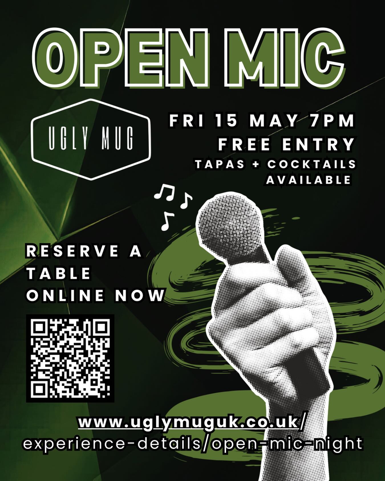 We are bringing Open Mic Mights to Ugly Mug🎙️
Join us on Friday 15th May from 7pm, whether that’s to hit the mic, drink some cocktails or indulge in some tasty tapas - there’s options for all!
Book your table now via our website (link in bio) or give us a call on 01933222665 🤍