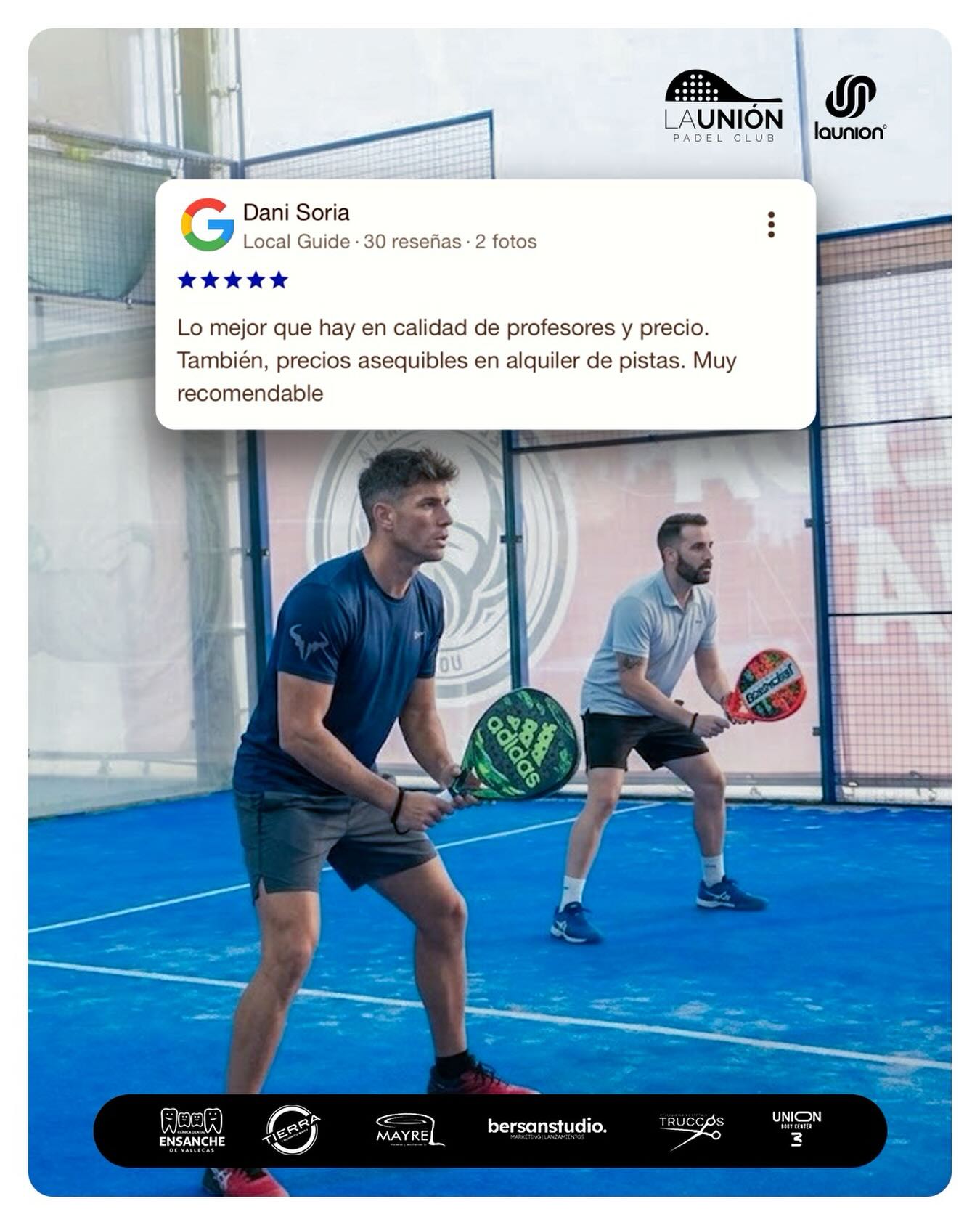 La opinión de nuestra comunidad lo dice todo. āāāāā
Para nosotros, no hay nada mejor que saber que disfrutan de nuestras pistas y, sobre todo, del nivel de nuestros profesores. En La Unión Padel Club, trabajamos para que la calidad y el buen precio vayan siempre de la mano. š¾š
”Gracias, Dani Soria, por compartir tu experiencia!
#LaUnionPadel #PadelCommunity #ReseƱasQueMolan #PadelLife #VallecasPadel