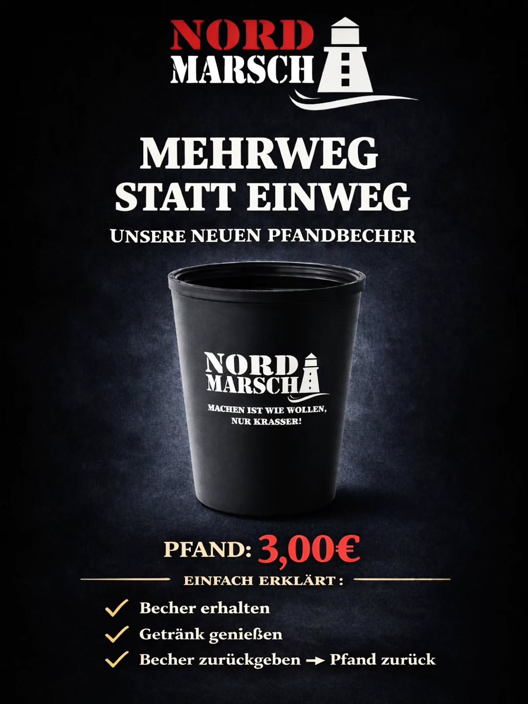 MEHRWEG STATT EINWEG,
AUF JEDEN FALL BEIM BECHER!
So ganz können wir den Müll bei unseren Events leider nicht vermeiden, aber ein wesentlicher Punkt war tatsächlich der Berg an Einwegbechern!
Seit langer Zeit weisen wir vor den Events in unserer Veranstaltungsübersicht und in unsereren Storys darauf hin, daß Trinkbecher für Kaffee, Tee und Wasser für die VPs & fürs Frühstück bei Stefanie bitte mitzubringen sind, damit wir alle zusammen, was den Müllhaufen an Bechern angeht, diesen möglichst klein halten.
Eigentlich hatten wir auch, bis auf für den Kaffee oder Tee morgens vorm Start bei Stefanie, keine Pappbecher mehr, an den VPs jedenfalls keine.
Alternativ gab es für 5,-€ den praktischen Berghaferl, der dann Deiner war und Dich künftig begleiten konnte.
Den gibt's auch weiterhin!!
Doch es kam immer wieder vor, daß einige nur eine Trinkflasche für Wasser, keine Transportmöglichkeit, kein Geld dabei oder den Becher vergessen hatten, den Berghaferl nicht brauchten, der eigene Becher ganz tief im Rucksack war...
...das ist natürlich ärgerlich, aber die Restbestände an Pappbechern sind nun endlich aufgebraucht und es gibt pünktlich zum Glück-Auf-Marsch Essen am Samstag den
@nordmarsch MEHRWEGBECHER
für faire 3,- € Pfand wandert er, sogar mit Deckel, künftig weiter mit Dir oder geht zurück zu uns.
Ausgabe & Rücknahme bei Stefanie & allen VPs, so ist es ein WANDERBECHER und auch ein SAMMELBECHER, denn das schwarzen Design ist unsere 1st Edition!
Sind die Becher mal alle oder fertig gibt's was neues!
Wir denken, daß ist eine tolle Sache, im Sinne aller Teilnehmer*innen und tatsächlich auch einfach zeitgemäß!
Eure Nord-Marscher mit den Mehrwegbechern im Gepäck!