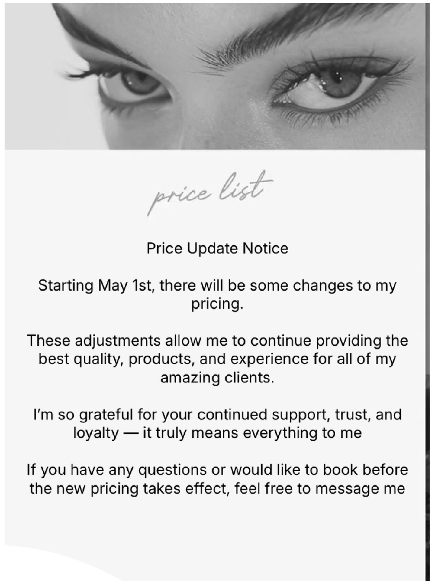 Price update starting May 1st ‼️
Some changes will be made to my current pricing.
Thank you all for your continued support 🤍 Message me if you have any questions or want to book before the update!