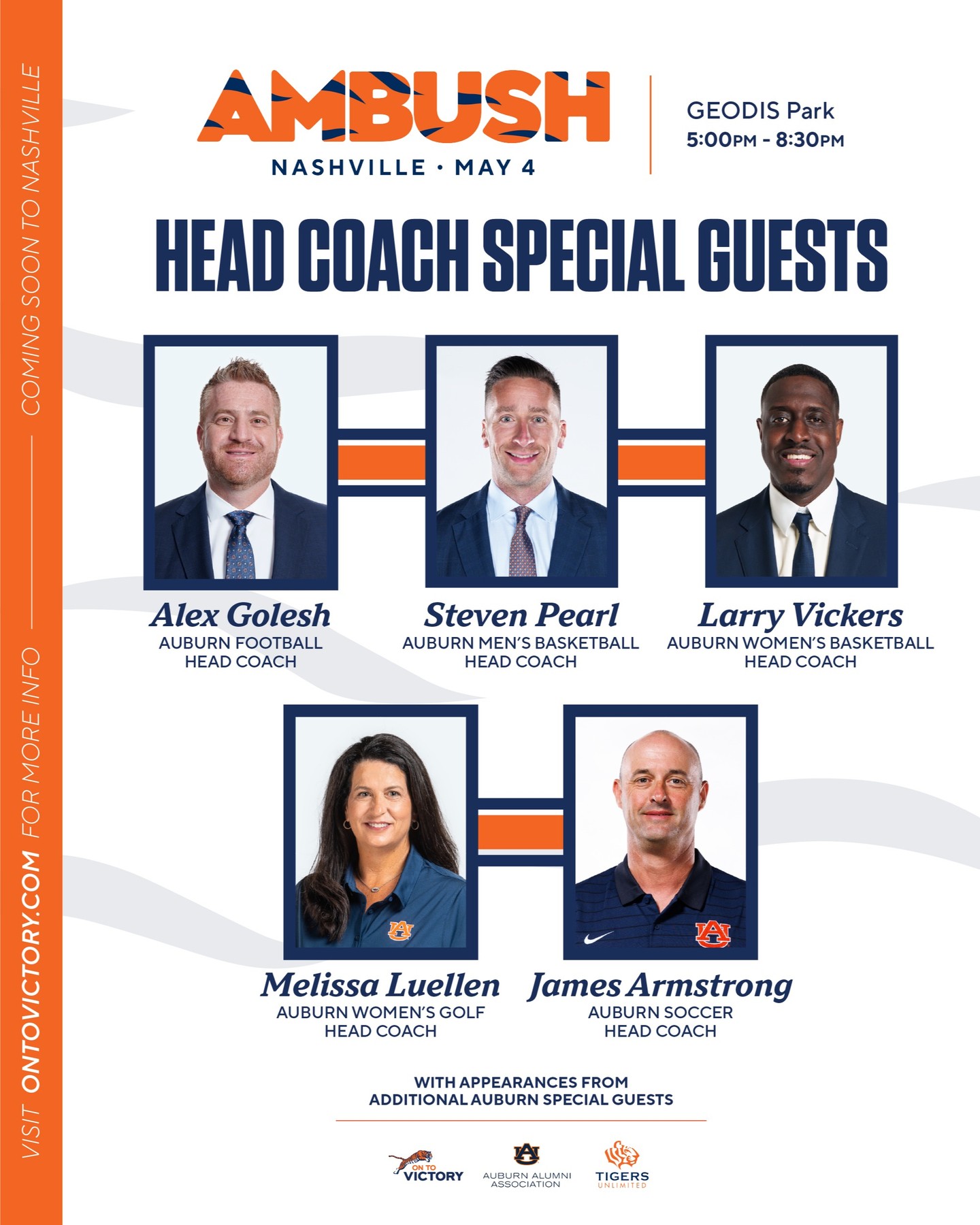 Tickets are on sale NOW at the link in our bio!
Auburn’s annual AMBUSH tour, a partnership between On To Victory Events, the Auburn Alumni Association, and Auburn Athletics, is excited to announce eight stops for the 2026 edition including Auburn North! Five Auburn coaches will be coming to Geodis Park on May 4.
𝗪𝗵𝗲𝗻 𝘆𝗼𝘂 𝗰𝗵𝗲𝗰𝗸 𝗼𝘂𝘁, 𝗽𝗹𝗲𝗮𝘀𝗲 𝘂𝘀𝗲 𝗰𝗼𝗱𝗲: 𝟮𝟲𝗡𝗔𝗦𝗛𝗩𝗜𝗟𝗟𝗘
Every purchase made with this code gives back to our club which helps support our programming and our scholarship! Continue to check your inbox and our social media for updates and more information!
