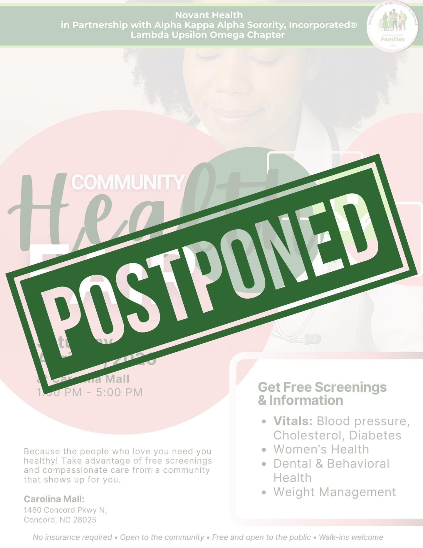 Due to unforeseen circumstances, our Health Fair is postponed until further notice. Thank you for your patience, we look forward to seeing you soon! 💕🐸