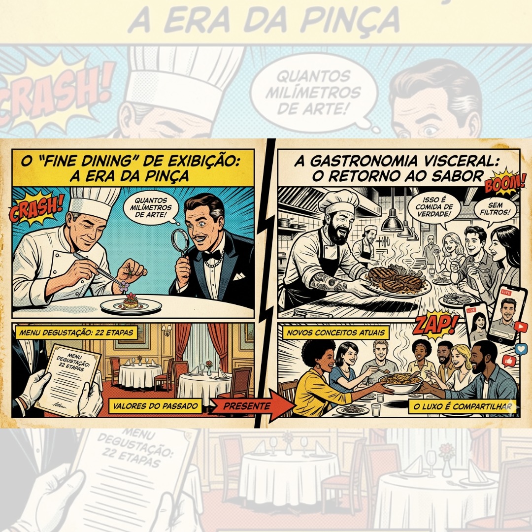 O Crepúsculo da Pinça: Por que o "Fine Dining" de Vitrine Está Morrendo
Durante as últimas duas décadas, fomos condicionados a acreditar que a excelência gastronômica era medida em milímetros. Se você não precisasse de uma lupa e de uma pinça cirúrgica para encontrar a proteína sob uma floresta de brotos e emulsões, o prato simplesmente não era "digno". Elevamos o empratamento instagramável ao status de religião, e o chef ao papel de semideus intocável em uma dornã branca impecável.