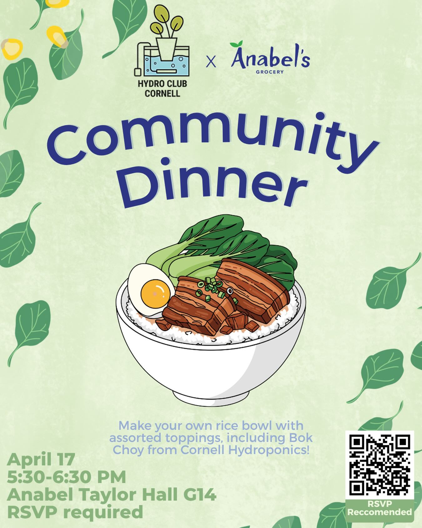 Serving up good vibes and even better bowls 🍚💚 Join us for community dinner!! Link to register: https://cornell.campusgroups.com/anabels/rsvp_boot?id=2304196