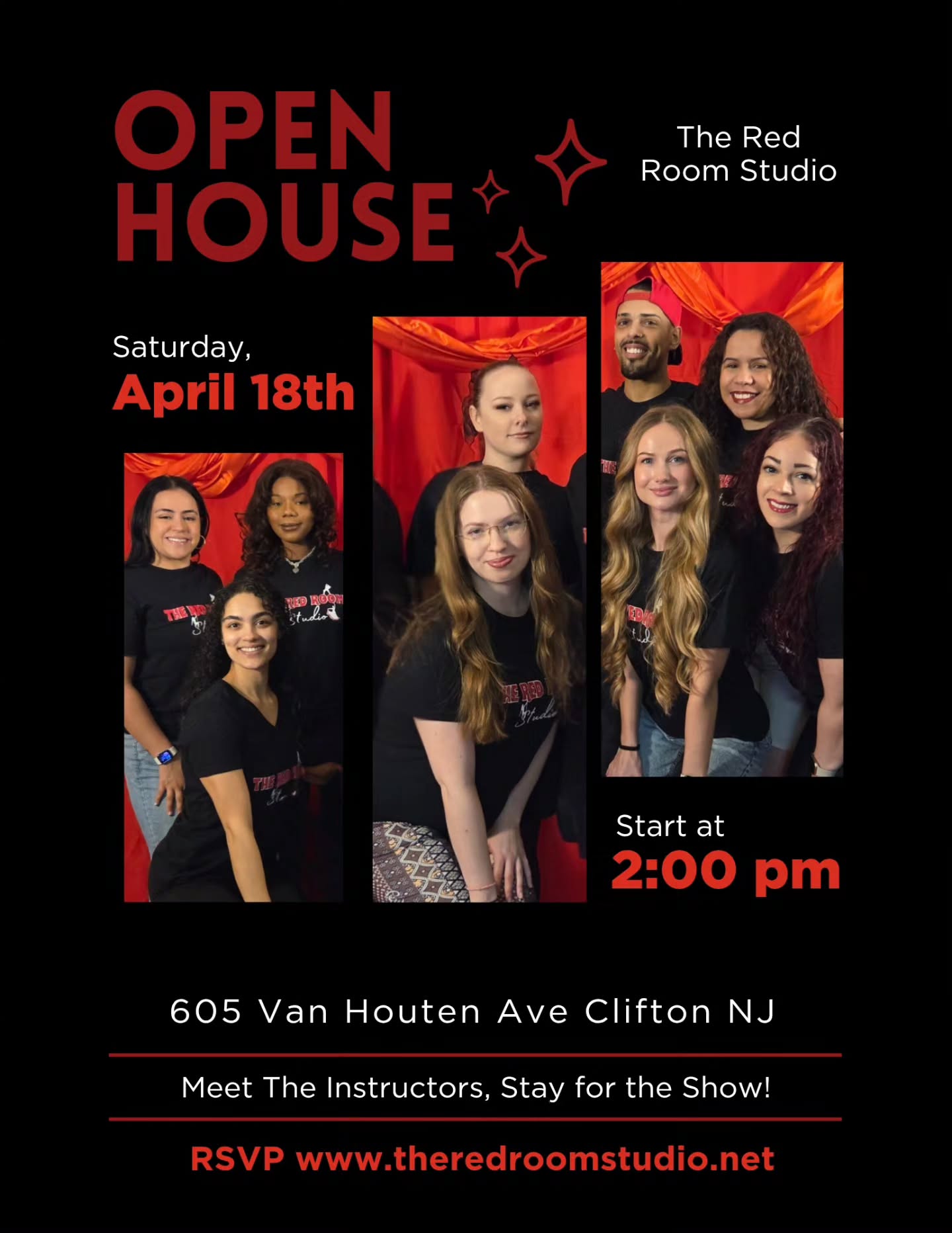 Have you RSVP?
New to our studio or haven't had the opportunity to meet our other instructors? Here is your chance!
Join us at our Open House! Get to know our instructors, watch them perform, enjoy some light refreshments and snacks 😋
📆: April 18th, 2026
🕑: 2:00 pm
📍: 605 Van Houten Ave Clifton @theredroom.studio
🌐: RSVP Online www.theredroomstudio.net
Head counts are important please RSVP before the event
FREE WEEK STARTING APRIL 11TH - APRIL 18TH. BOOK YOUR CLASSES IN ADVANCE (some classes are already fully booked)
#theredroomstudio #openhouse #meetandgreat #njdancestudio #njdanceclasses