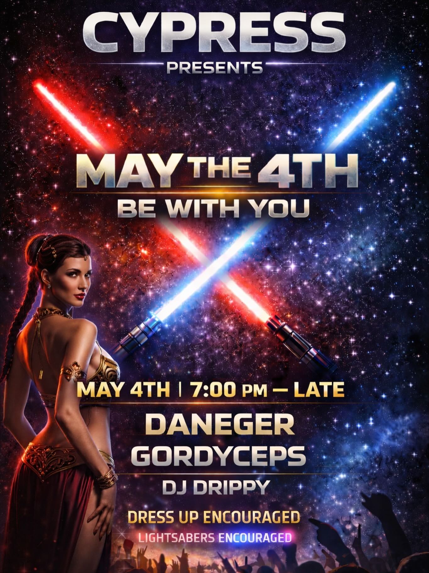 Join us for our FIRST ANNUAL Star Wars celebration at Cypress 🖤
A night of galactic vibes, themed drinks, and a little bit of mischief from the dark side…
Costumes highly encouraged (yes, we want to see your best Jedi, Sith, or space baddie 👀)
Music, drinks, and a party strong enough to awaken the Force
📅 May 4th
📍 Cypress
✨ Come thirsty. Leave legendary.
💵 $10 cover
Don’t miss the start of a new tradition… this is where the saga begins.
#MayThe4thBeWithYou #StarWarsParty #CypressBar #FirstAnnual #TheForceAwakens