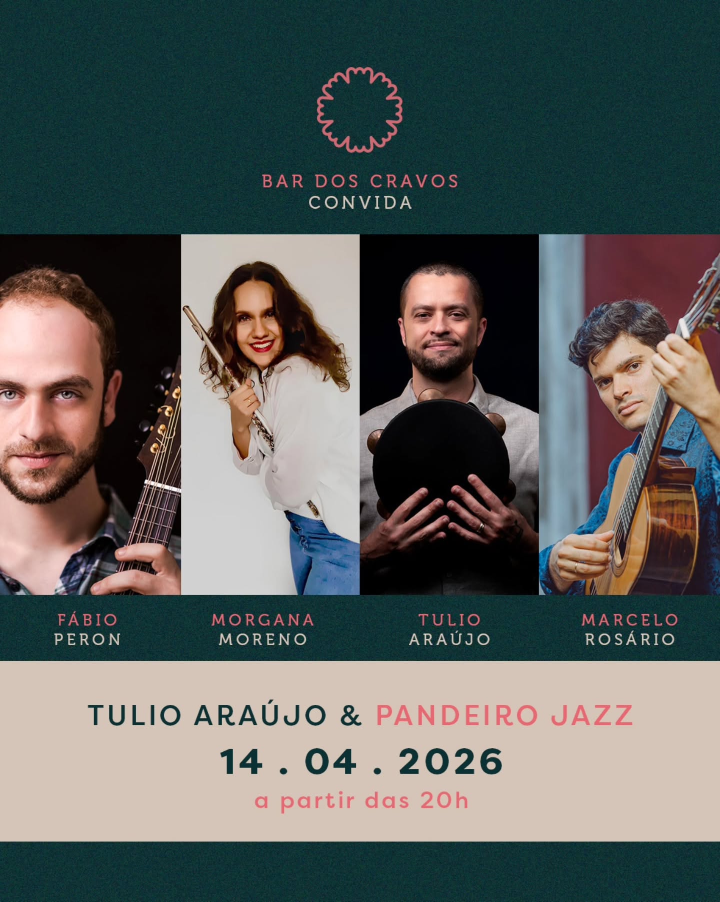 No dia 14 de abril, a partir das 20h, o @bardoscravos recebe Tulio Araujo & Pandeiro Jazz para uma noite em que o Jazz encontra a alma brasileira.
À frente do projeto, @tulioaraujopandeiro conduz o pandeiro para além do óbvio, transformando o instrumento em linguagem de improviso, ritmo e invenção. No palco, ele se junta a @morgana.moreno, com sua flauta de fraseado sensível e pulsante, @fabioperonbandolim, no bandolim que costura melodia e virtuosismo, e @marcelorosariooficial, no violão 7 cordas, trazendo profundidade, balanço e assinatura brasileira ao encontro.
O repertório percorre caminhos que ligam Pixinguinha, Hermeto Pascoal, Tom Jobim, Luiz Gonzaga, Milton Nascimento e John Coltrane, em um show que revela o Choro como uma das origens mais vivas do nosso Jazz.
Uma noite para ouvir de perto, sentir no corpo e brindar sem pressa.
Faça a sua reserva pelo link da bio.
#BarDosCravos #bar #jazz #musica