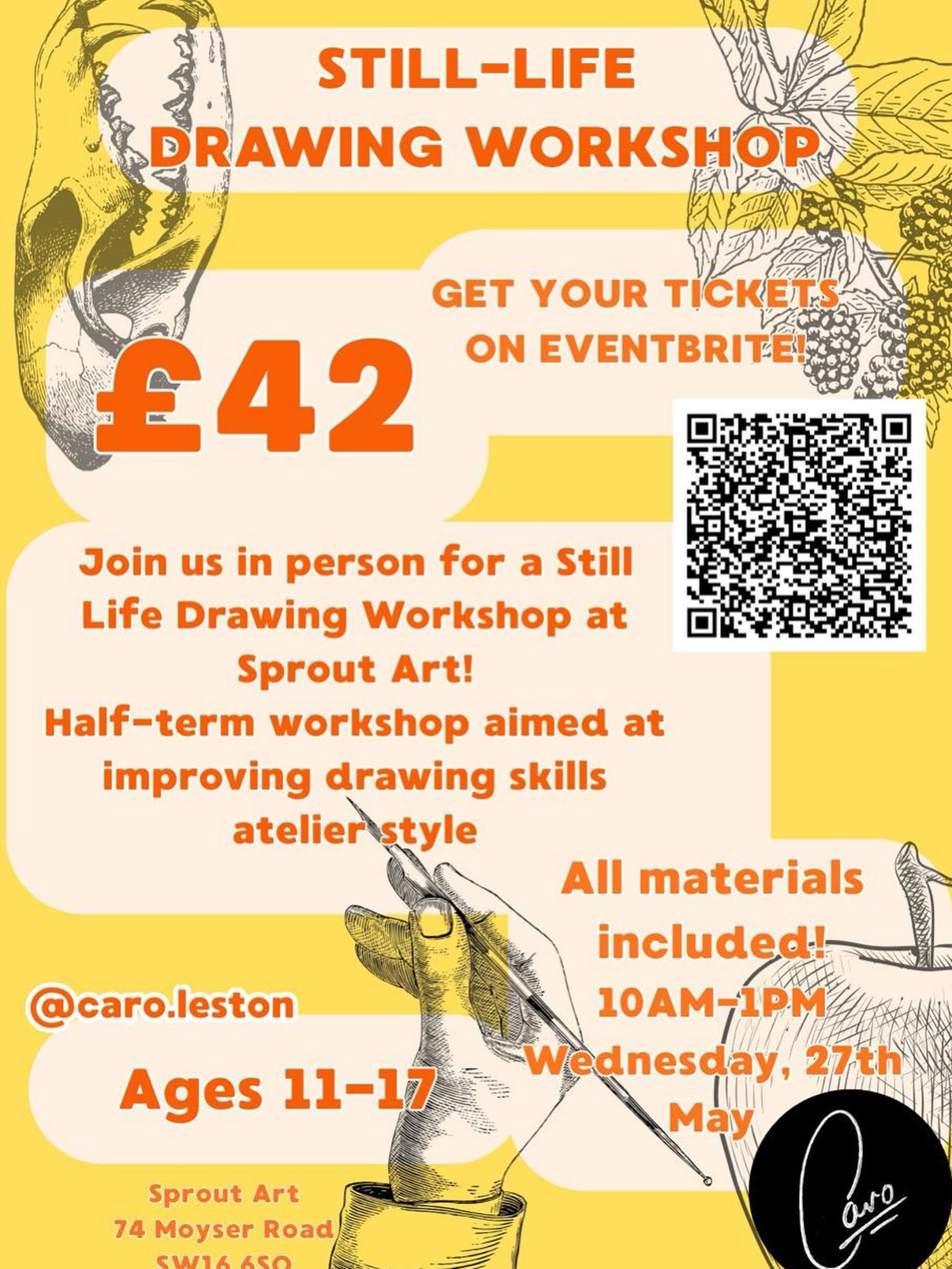 Join us for a fun, hands-on Still Life Drawing Workshop for 11-17 year olds to sharpen your sketching skills in person with Caro Leston @caro.leston
This is a half-term workshop aimed at improving technical art skills, with a focus on drawing! In this 3 hour session, we will draw from life and improve our drawing skills atelier style. You will be provided with paper, charcoal, pencils and will be guided from beginning to end.
In the first half an hour we will go over the basics of line, tone, shape, and pencil pressure. We will then draw a still-life composition from life, step-by-step, so you can gain confidence in your abilities and skill!
This lesson structure is based off my tried and tested private art lessons for children and young people aged 11+
I can’t wait to see your masterpieces come to life!
Link in bio to book
Caro x