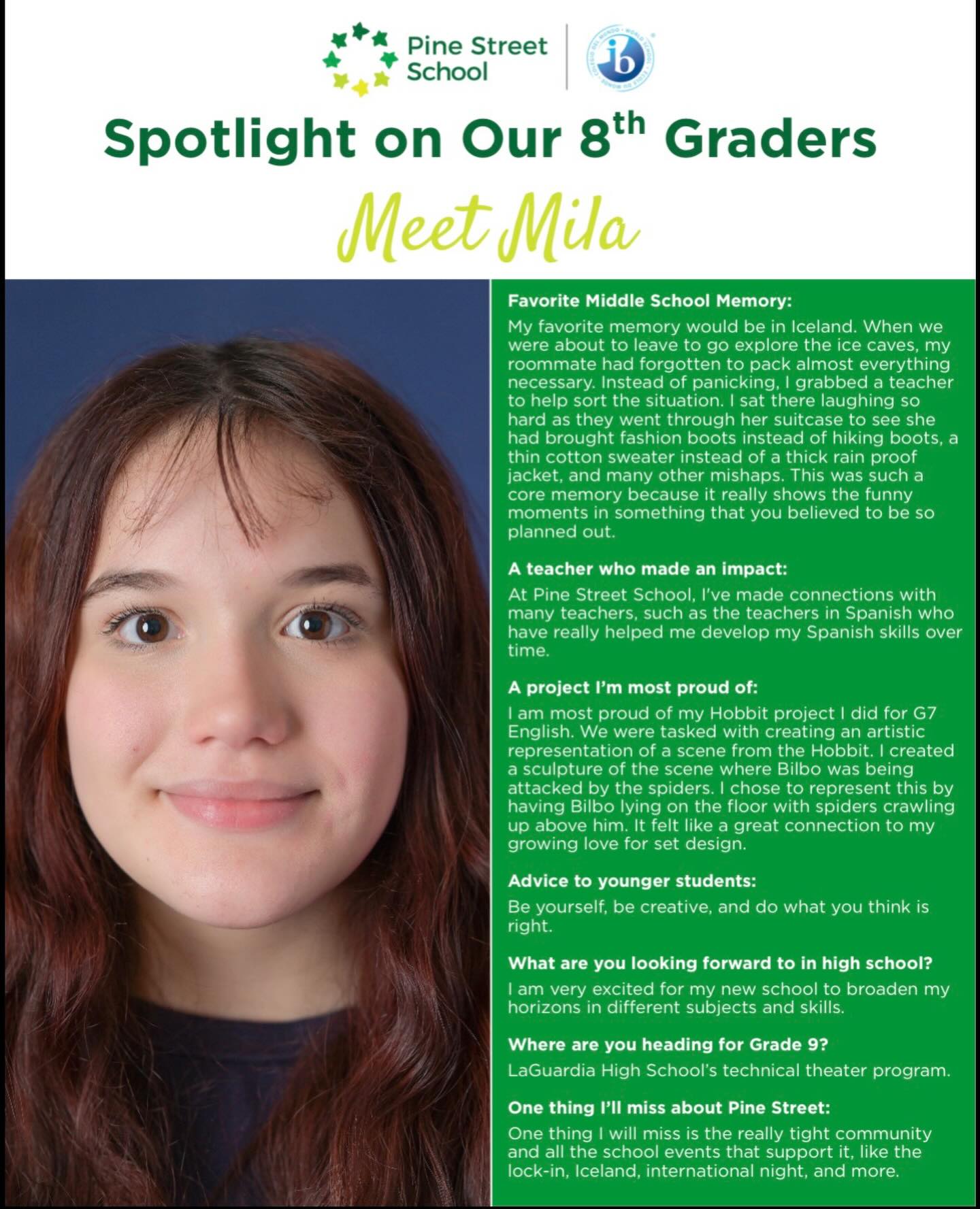 From Pine Street to LaGuardia - just getting started 🚀 We’re so proud to celebrate one of our G8 graduates this week! We can’t wait to see where your journey takes you, Mila 🎉 #ClassOf2026 #IBLearner #MiddleSchoolGrad
