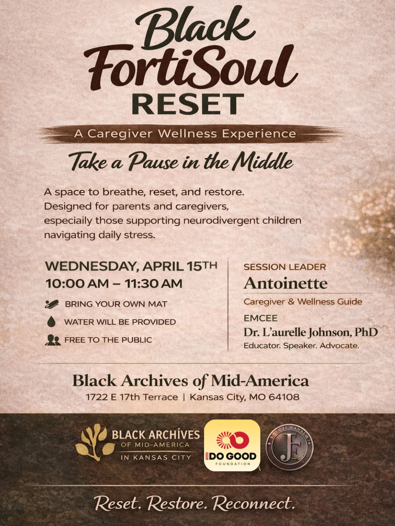Caregivers deserve care too.
As part of our commitment to supporting caregivers, we’ve partnered with The Black Archives of Mid-America and J. Fortitude to host “Black FortiSoul Reset,” a caregiver wellness experience focused on rest, renewal, and restoration.
Take a pause in the middle.
📍 Black Archives of Mid-America
🗓 Wednesday, April 15th
⏰ 10:00 AM – 11:30 AM
#CaregiverSupport #Reset
#DoGood365 #KansasCity #CommunityCare