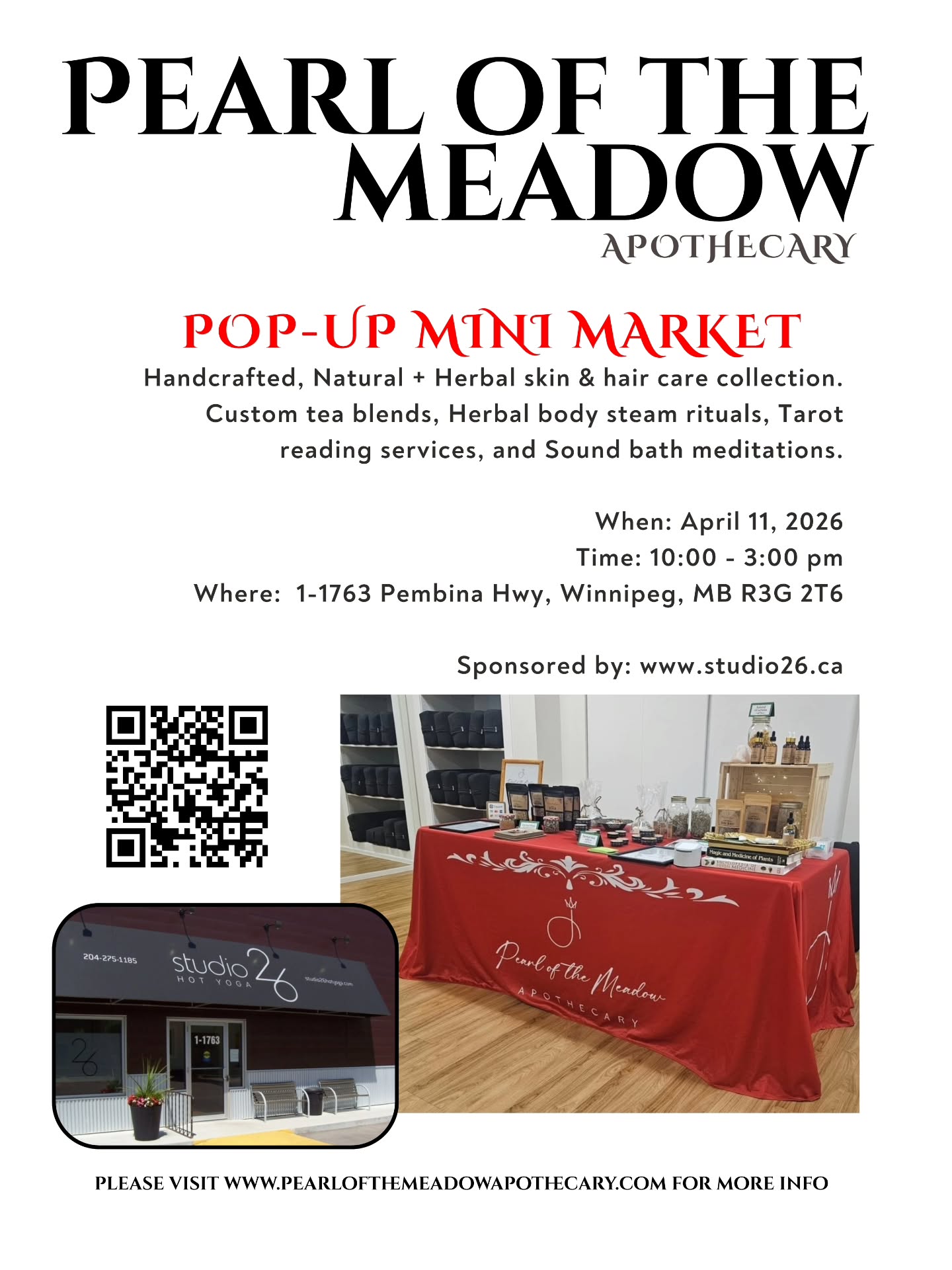 We're having a mini - pop up at @studio26wpg this Saturday April 11, 2026 from 10:00 - 3:00 pm.
Come view and leave with some of my herbal skin & body care collection from the small room in the studio, or reserve your spot for @esh.ambientsoundbath 60 minute ambient sounbath in the other room from 1:00 - 2:00 pm ✨️
#LocalPopUp
#PopUpShop
#herbalskincare
#naturalskincare
#HolisticHealth