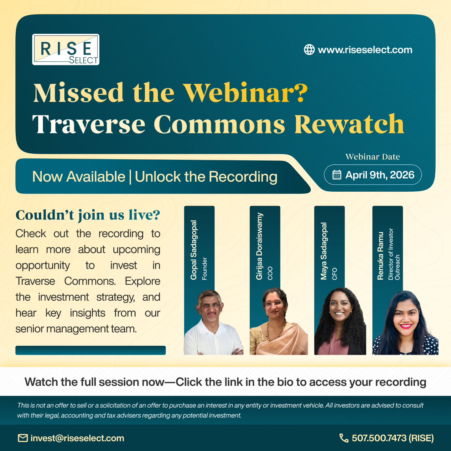 Missed the live session?
The Traverse Commons replay is now available — dive into the strategy, key insights, and opportunity shared by our senior management team.
(507) 500-7473
invest@riseselect.com
Click the link in the bio to access the recording.
#riseselect #studenthousing #realestateinvesting #multifamily #investmentopportunity indianapa investwithrise passiveincome