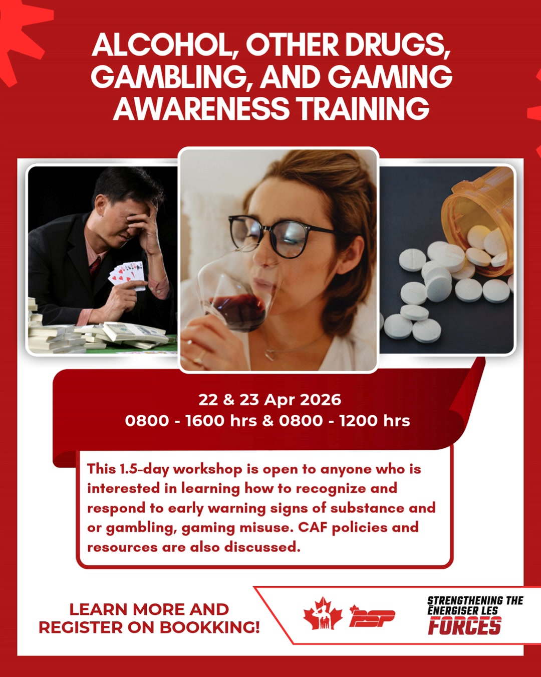 Stay informed and ready to lead with Alcohol, Other Drugs, Gambling, and Gaming Awareness Training.
• Dates: 22–23 April 2026
• Time: Day 1: 0800–1600 hrs | Day 2: 0800–1200 hrs
This training helps you recognize early warning signs and build effective interview skills.
It is required for all military members in supervisory roles in accordance with DAOD 5019‑7.
Register now at: bkk.cfmws.com/winnipegpub/courses/index.asp?c=15&sc=129&crs=7918
or contact Health Promotion at 204‑833‑2500 ext. 4150.
________________
Restez informé et prêt à diriger grâce à la Formation de sensibilisation aux problèmes liés à l’alcool, aux autres drogues, au jeu excessif et au jeu électronique .
• Dates : 22-23 avril 2026
• Horaires : Jour 1 : 8 h - 16 h | Jour 2 : 8 h - 12 h
Cette formation vous aide à reconnaître les signes avant-coureurs et à acquérir des compétences efficaces en matière d'entretien.
Elle est obligatoire pour tous les militaires occupant des fonctions de supervision, conformément à la DAOD 5019-7.
Inscrivez-vous dès maintenant sur : bkk.cfmws.com/winnipegpub/courses/index.asp?c=15&sc=129&crs=7918
ou contactez le service de promotion de la santé au 204-833-2500, poste 4150.