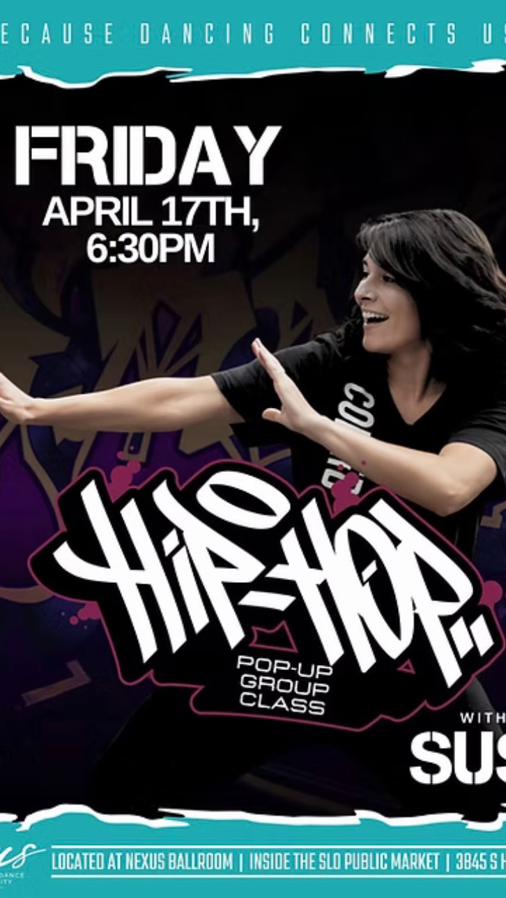Own your space!
We have a new hip hop workshop with Susi!
Coming up on Friday the 17th at 6:30!
Don’t miss this one of a kind workshop!
#slocounty #hiphop #dance