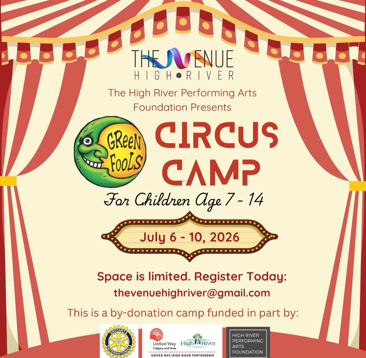 It's back!!! We are so excited to offer a Children's Circus Camp with our very good friends @greenfools
July 6-10, 5 full days of all things circus!
Ages 7-14 Free/ By Donation
email: thevenuehighriver@gmail.com and REGISTER TODAY! Space is limited, don't delay!
#circusfunπͺ #kidscamphighriver #thevenuehighriver2026 #funthingstodohighriver