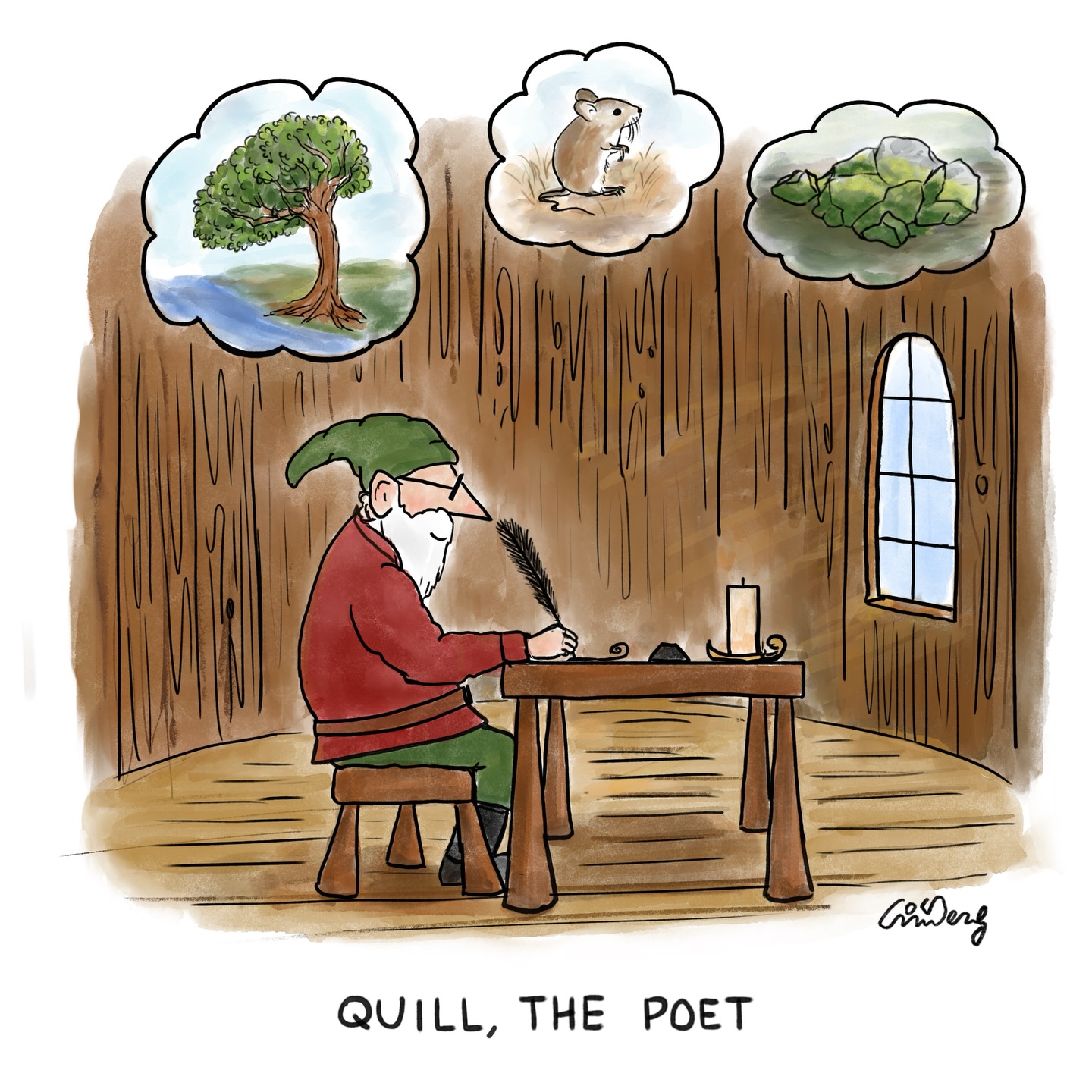 Meet Quill, the poet!
(The thought bubbles match the audio for Quill, he writes about all kinds of things)
The “Art around High Bridge” starts tomorrow!
I will post links in my bio for the online auction for my works in this event.
Thanks!
#gnomes
@hbgroundsforart