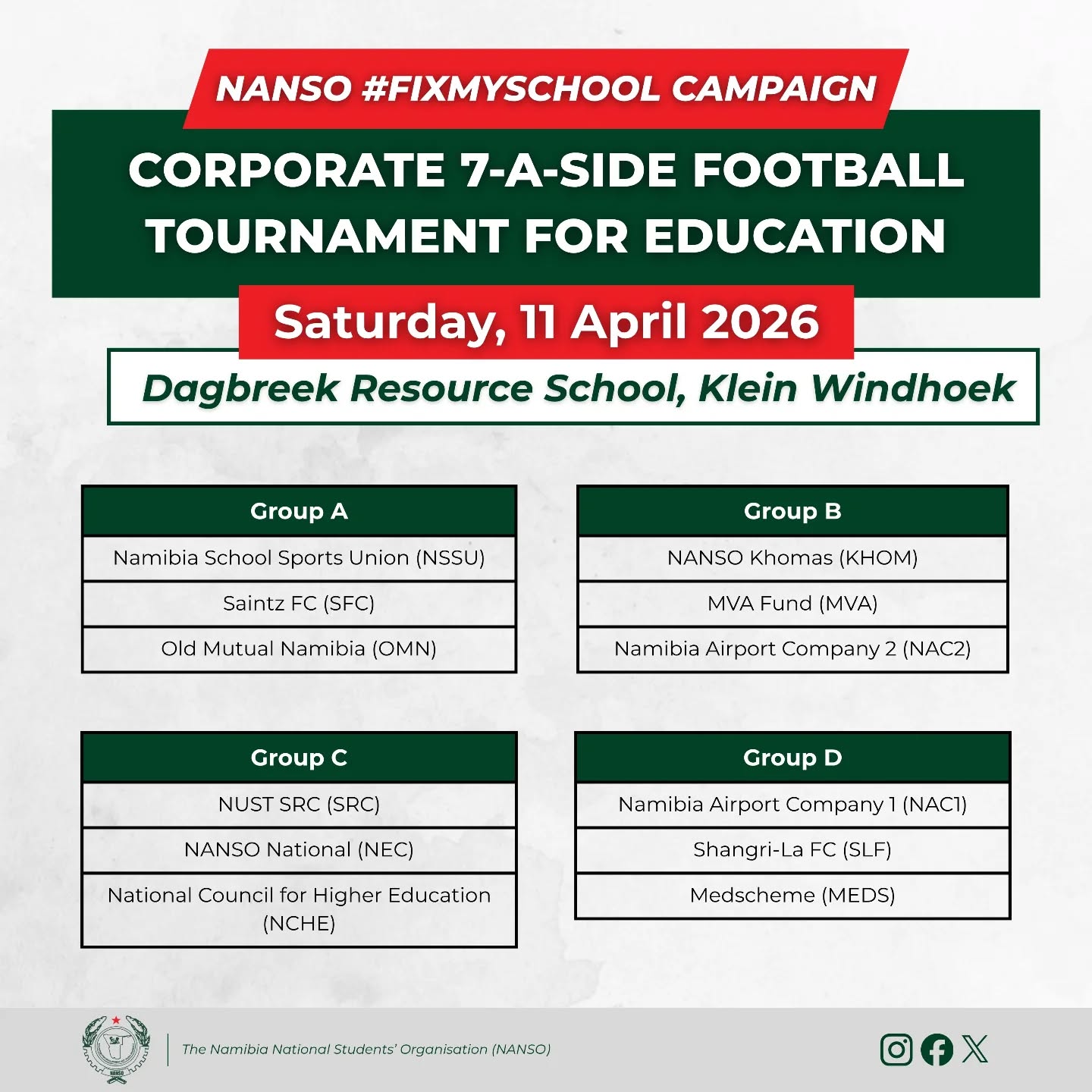 12 teams. 1 mission. #FixMySchool!🛠️
The groups are SET and the pitch is calling. See you all tomorrow at Dagbreak Resource School, Klein Windhoek! ⚽💚