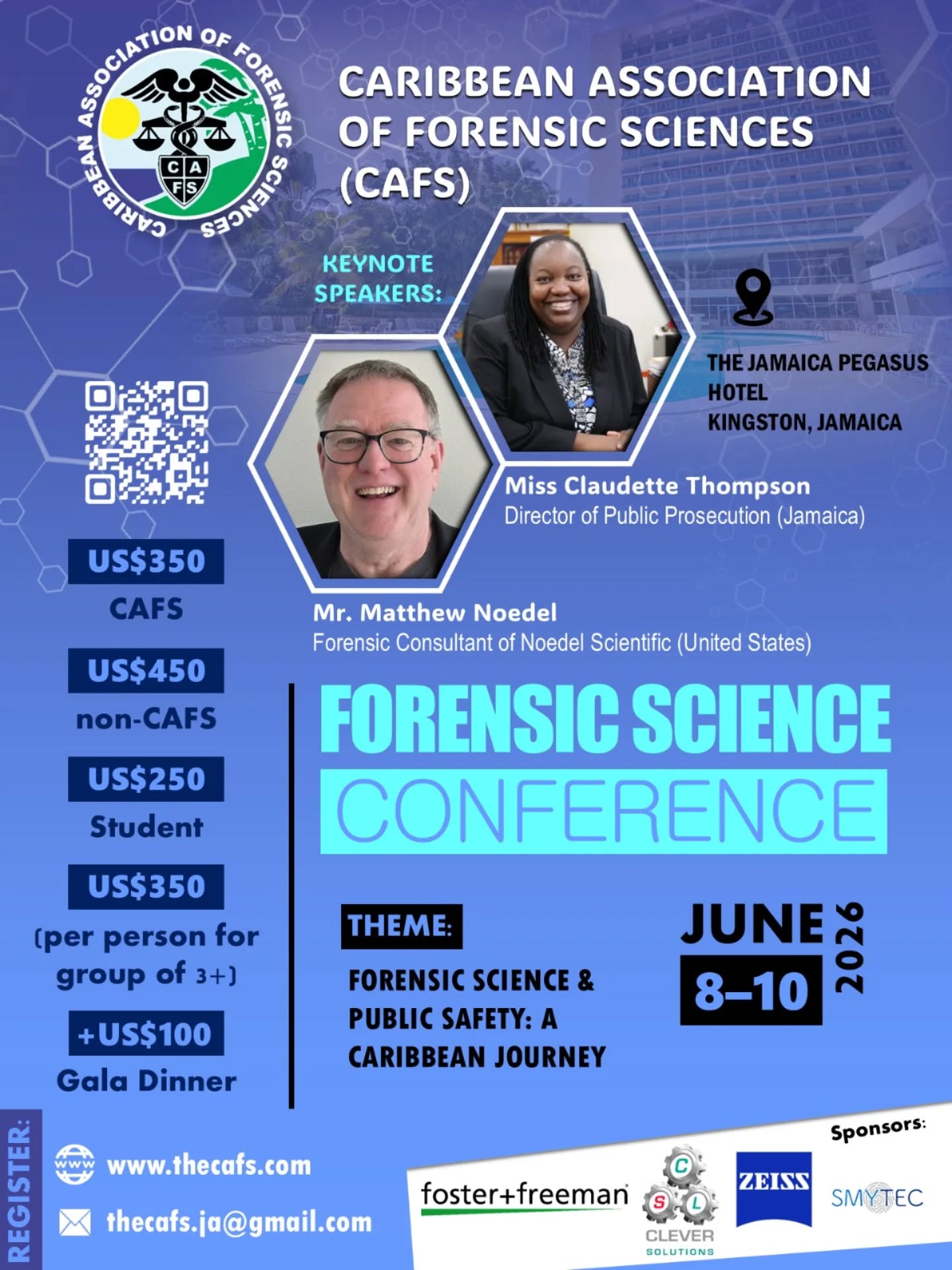 The Caribbean Association of Forensic Sciences (CAFS) is heading to Kingston, Jamaica, for the 2026 Forensic Science Conference. Whether you're a seasoned professional, a student, or part of a legal team, this is the premier event to explore the intersection of science and public safety in the Caribbean.
📍 Event Details
Theme: Forensic Science & Public Safety: A Caribbean Journey
Dates: June 8–10, 2026
Location: The Jamaica Pegasus Hotel, Kingston, Jamaica
🎙️ Keynote Speakers
We are honored to host:
Miss Claudette Thompson – Director of Public Prosecution (Jamaica)
Mr. Matthew Noedel – Forensic Consultant, Noedel Scientific (USA)
🎟️ Registration Rates
CAFS Members: US$350
Non-Members: US$450
Students: US$250
Groups (3+): US$350 per person
Gala Dinner: +US$100
🔗 How to Register:
Visit www.thecafs.com, scan the QR code in the flyer or use the link in our bio! For inquiries, reach out to thecafs.ja@gmail.com.
Special thanks to our sponsors: foster+freeman, Clever Solutions, ZEISS, and SMYTEC.