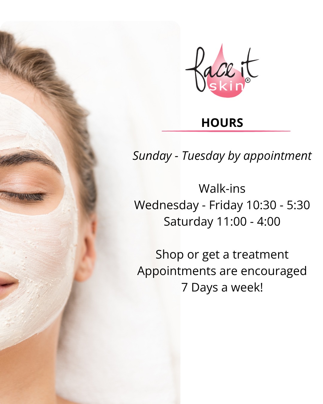 FACE IT SKIN BAR & REFILLERY HOURS
Face It Treatments are by appointment.
Walk-Ins Welcome:
Wednesday – Friday | 10:30 AM – 5:30 PM
Open for Shopping:
Saturday | 11 AM – 4 PM
Come in for a service or stop by to shop—simple as that.
Link in BIO or visit: FACEITSKIN.NET
#FaceItSkin #shopping #businesshours #happyvalleyoregon #facials