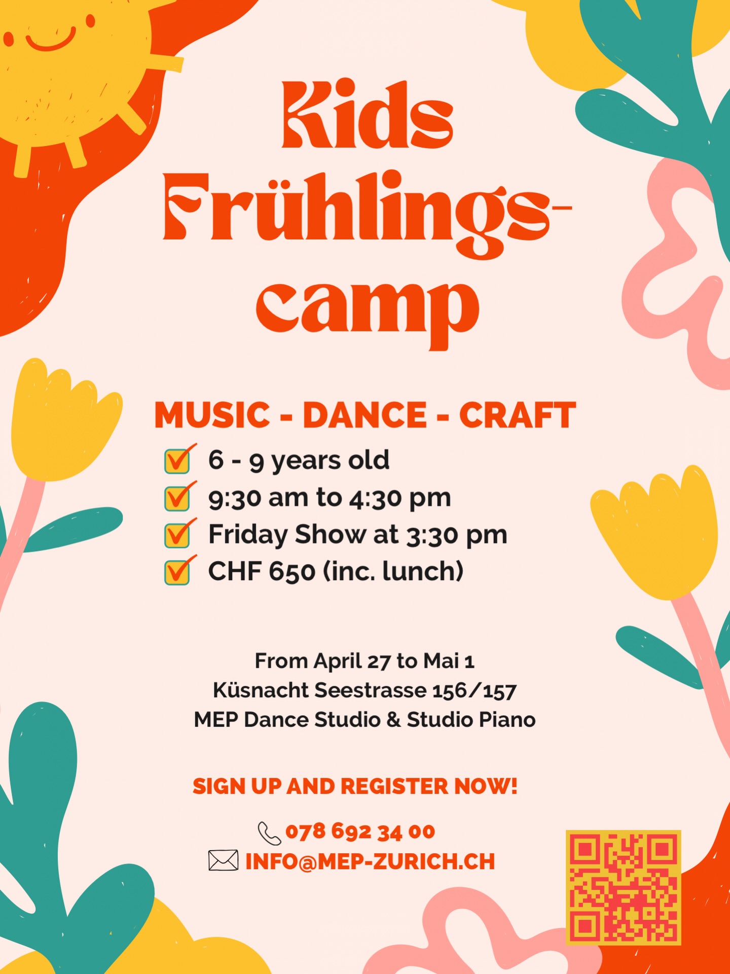 🌸 Spring Camp
Craft Dance Music 🎶
Looking for a fun and creative holiday activity for your child?
Our Spring Camp is designed for children aged 6–9, combining dance, music, and creative crafts in a playful and inspiring environment. 💃🕺✨
📩 Registration via DM, Whatsapp or email – we look forward to welcoming your child!