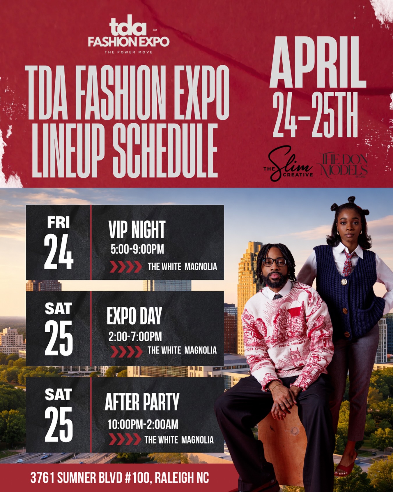 The lineup is set. The dates are locked. Now it’s your move 👀
The TDA Fashion Expo Weekend Experience is officially here:
✨ April 24 – VIP Night (5–9PM)
An intimate night of networking, media, and exclusive connections
🔥 April 25 – Expo Day (2–7PM)
Runway shows, panel conversations, live performances, and a room full of creatives
🌙 April 25 – After Party (10PM–2AM)
Late Night Social — where the night continues
📍 The White Magnolia | Raleigh, NC
⸻
This isn’t just an event… it’s a full experience
Be in the room 👀
🎟️ Get your tickets now
Use a code for $$ off
#TDAFashionExpo
#ThePowerMove
#RaleighEvents
#NCEvents
#RaleighNC