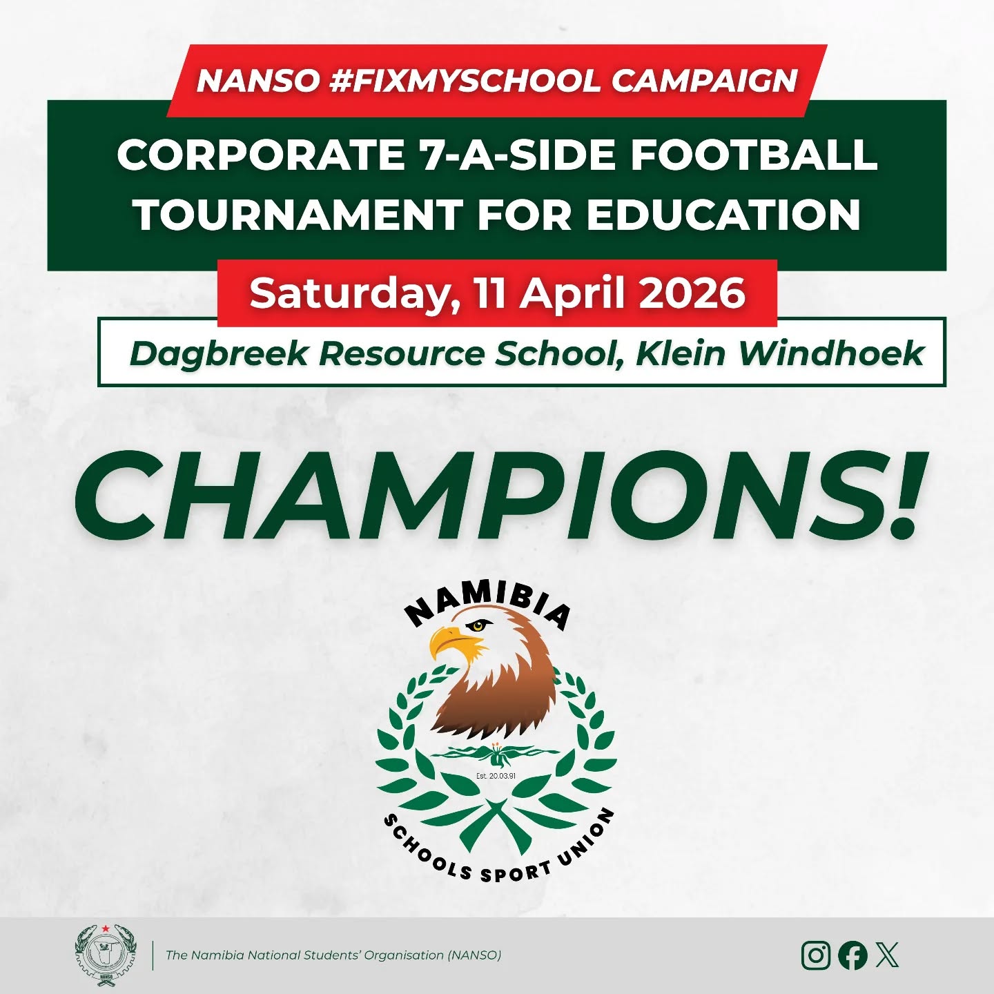 Congratulations to the Namibia Schools Sport Union, our Champions of the NANSO #FixMySchool Corporate 7-A-Side Football Tournament for Education!⚽✊🏾