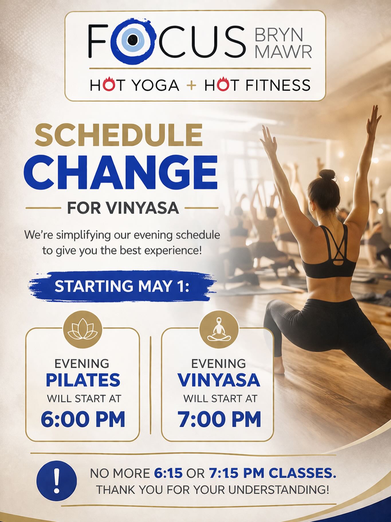 LISTEN UP YALL🗣️ STARTING MAY 1 ‼️🚨🚨
All evening pilates and vinyasa will start congruently at 6pm and 7pm instead of 6:15 & 7:15 on some days!
Spread the word!!! See y’all soon!!!