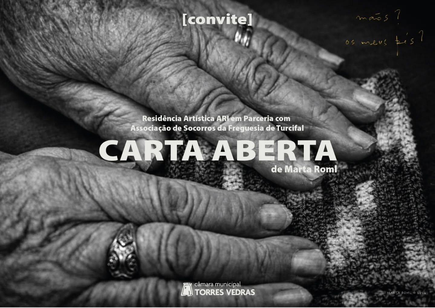 É já na próxima sexta-feira, às 18h30, no CAC - Centro de Artes e Criatividade, em Torres Vedras, que apresento a minha "Carta Aberta"... ✍ Um filme-performance + exposição realizados com a participação de um grupo de idosos do Centro de Dia da Associação de Socorros do Turcifal.🎬🎭🎨
Venham celebrar comigo a arte, a poesia e a vida. E, quem sabe, criar boas memórias... Estaremos lá à vossa espera! ❤
#corpomemória #cartaaberta #contagemdecrescente #MartaRoml