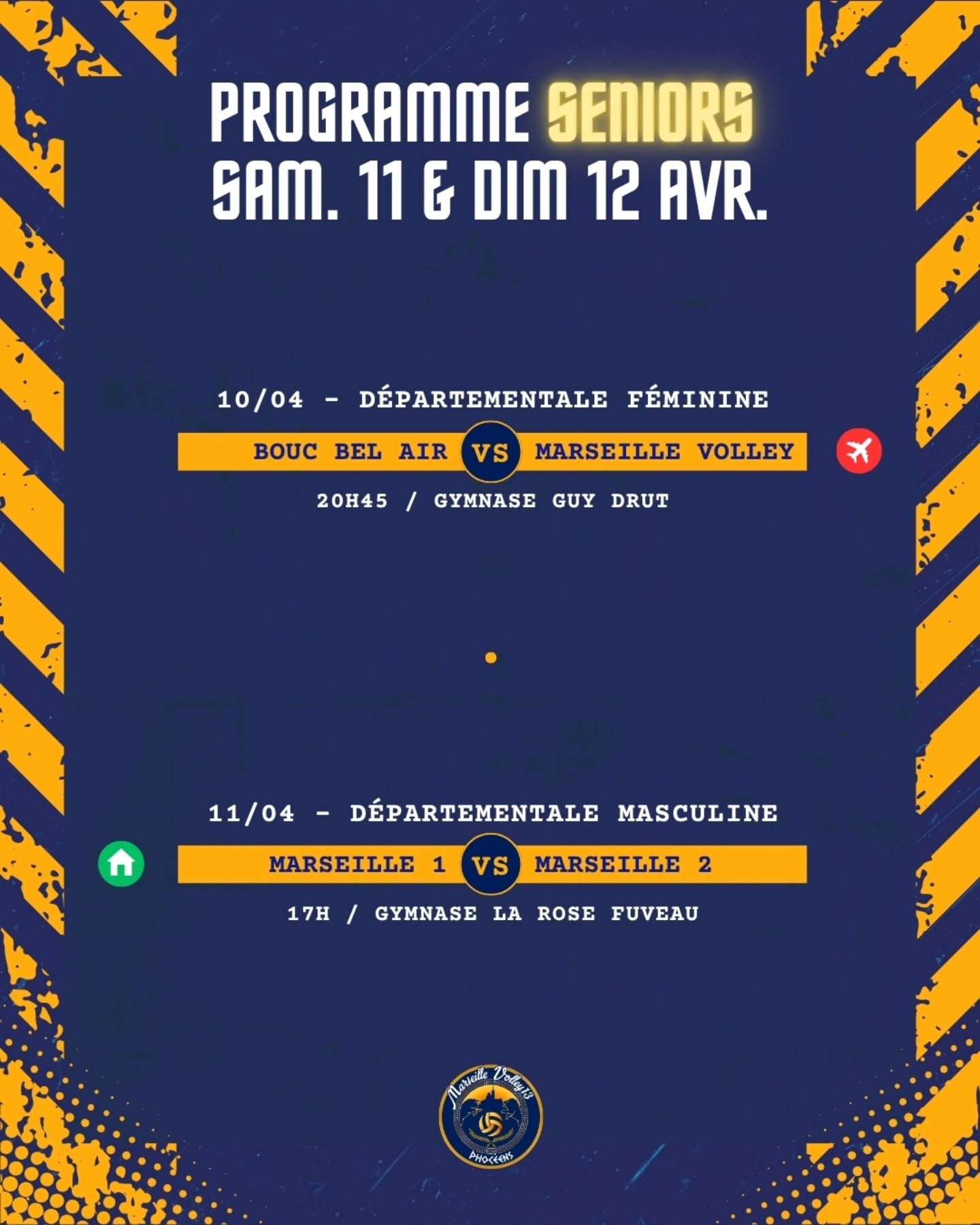 🔥 PROGRAMME DU WEEK-END
Un week-end 100% volley nous attend ! 💥
Des matchs à domicile, des déplacements, des belles rencontres en seniors et de la Coupe de France chez les jeunes
On compte sur vous pour soutenir nos M21 ! 🙌
Venez faire du bruit ce dimanche, au gymnase de La Rose Fuveau
💙💛 Tous derrière Marseille Volley !