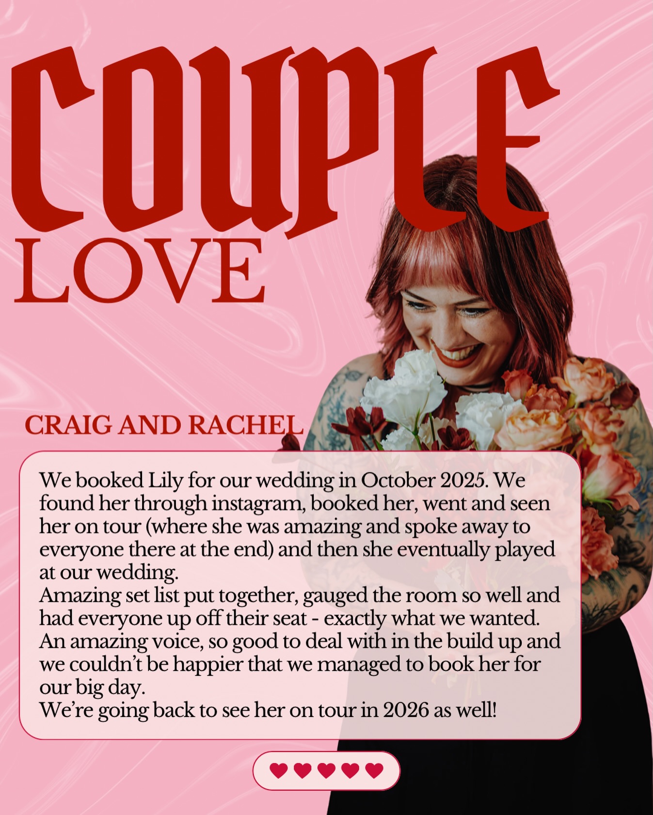 Big thanks for these kind words from the absolute babes that are Craig and Rachel. Your wedding was an absolute rager and it was lush seeing you on the tour after! ♥️♥️♥️ Keep in touch!