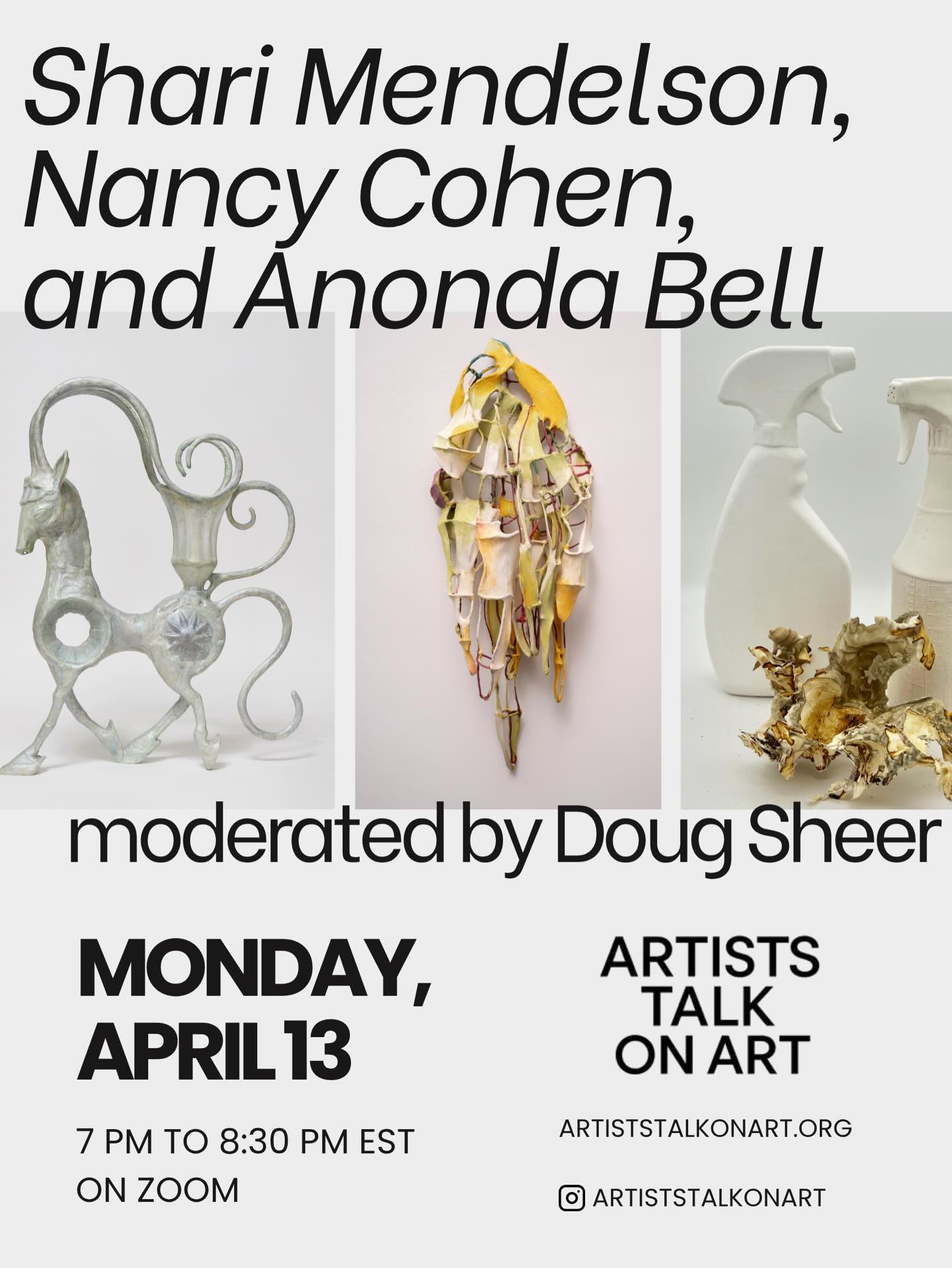 Join ATOA on Monday, April 13th at 7pm EST on Zoom for a panel between artists Anonda Bell, Nancy Cohen and Shari Mendelson moderated by ATOA's Doug Sheer. The artists will talk about environmental awareness, utilizing recycling and object re-use in their work.
Shari Mendelson is a sculptor living and working in Brooklyn and Upstate New York. Her sculptures are influenced by Roman, Greek, Islamic, and Mesopotamian art and are constructed primarily from found plastic bottles. Mendelson has been the recipient of numerous grants and awards including a Murray Reich Distinguished Artist Award (2024), a John Simon Guggenheim Memorial Foundation Grant (2017), and four New York Foundation for the Arts Fellowships (2017, 2011, 1997, and 1987). @sharimendelson
Nancy Cohen’s work in handmade paper and glass examines resiliency in relation to the environment and the human body. Recent exhibitions include "Nancy Cohen: The State We’re In" at Kathryn Markel Fine Arts in NYC, "New Acquisitions" at The New Jersey State Museum, Trenton, NJ; "Legacies in Paper: Nancy Cohen, Sara Garden Armstrong and Helen Heibert" at the Robert C. Williams Museum of Papermaking in Atlanta, GA, and "Sculpting with Paper: Hand Papermaking at Dieu Donne" at The Turchin Center for Visual Arts, Boone, NC. @nancymcohen
Anonda Bell is an Australian born, NY/NJ based artist and curator. Trained as a painter and printmaker she works primarily with paper based installation. Her work addresses themes of feminism, the environment, psychology, and a quest to seek social narratives and stories about individuals which have been overlooked or suppressed. She is the Director & Chief Curator of the Paul Robeson Galleries at Rutgers University – Newark. @anondabellart
Visit our website in bio to find the link and register.