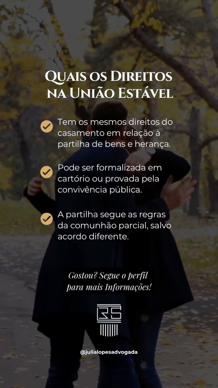 Quais são os direitos na união estável? 🤔
Muita gente não sabe, mas a união estável garante diversos direitos importantes.
✔ Direito à partilha de bens
✔ Direito à herança
✔ Possibilidade de pensão
✔ Reconhecimento mesmo sem formalização em cartório
💡 E atenção: na ausência de contrato, vale o regime da comunhão parcial de bens.
Entender isso evita conflitos e garante mais segurança para o casal.
Você já sabia desses direitos?