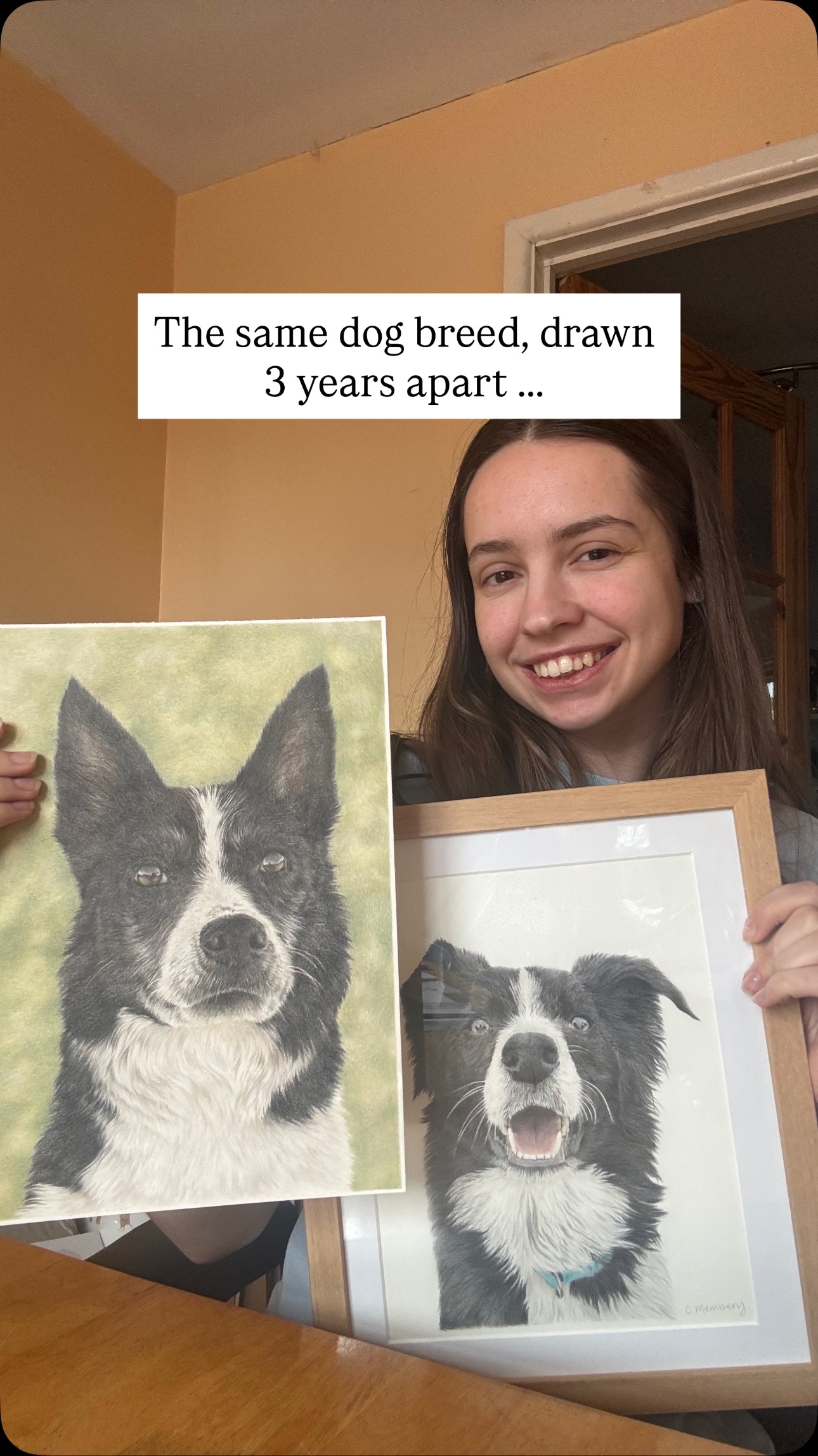 What do you think of these? Every time border collie, Dylan’s portrait goes out into the world he gets sooo much love ! Compliments on his expressive look, his eyes, and detail in the drawing.
Well I drew him almost 3 whole years ago and whilst I’m still so proud of his portrait, my artwork and skill level has improved hugely since then.
Even just to take a commission with a coloured background like this I never would have done a few years ago but I’m much more confident now in my work & in knowing I’ll be able to create work that you will love just as much as me.
Send me a DM to book your pet’s portrait.. limited spaces remaining for May - July 😊